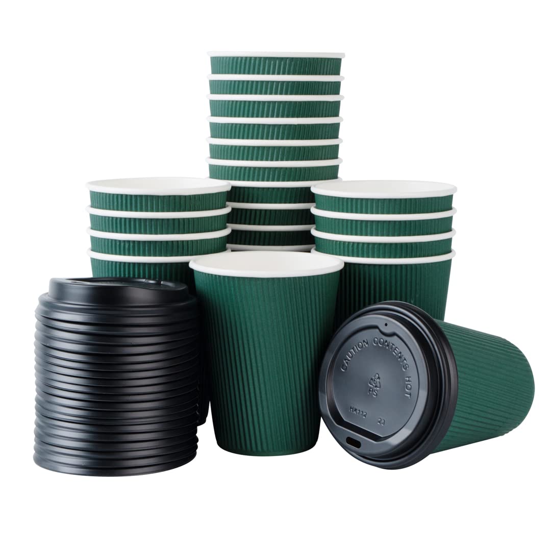 12oz Insulated Coffee Cups with Lids (20 Pack) - Leakproof & Non-Slip Dark Green Disposable Paper Cups for Hot Beverages - Perfect for Coffee, Tea, Hot Chocolate, Lattes in Cafes, Offices, or Home Use