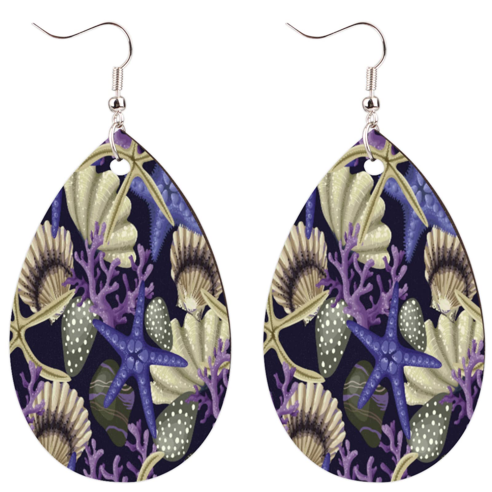 Natural Wood Starfish Dangle Earrings for Women - Lightweight Teardrop Pendant Drop Earrings - Perfect for Beach Vacations, Summer Outfits & Boho Fashion Accessories