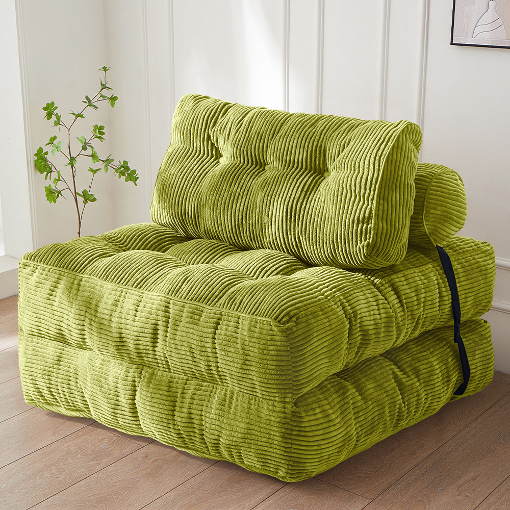 MAXYOYO Corduroy Folding Sofa Bed - Convertible Sleeper Chair with Pillow & Foldable Mattress, Back Support for Living Room, Guest Room & Small Spaces (Green) | Perfect for Apartments, Dorms & Home Offices