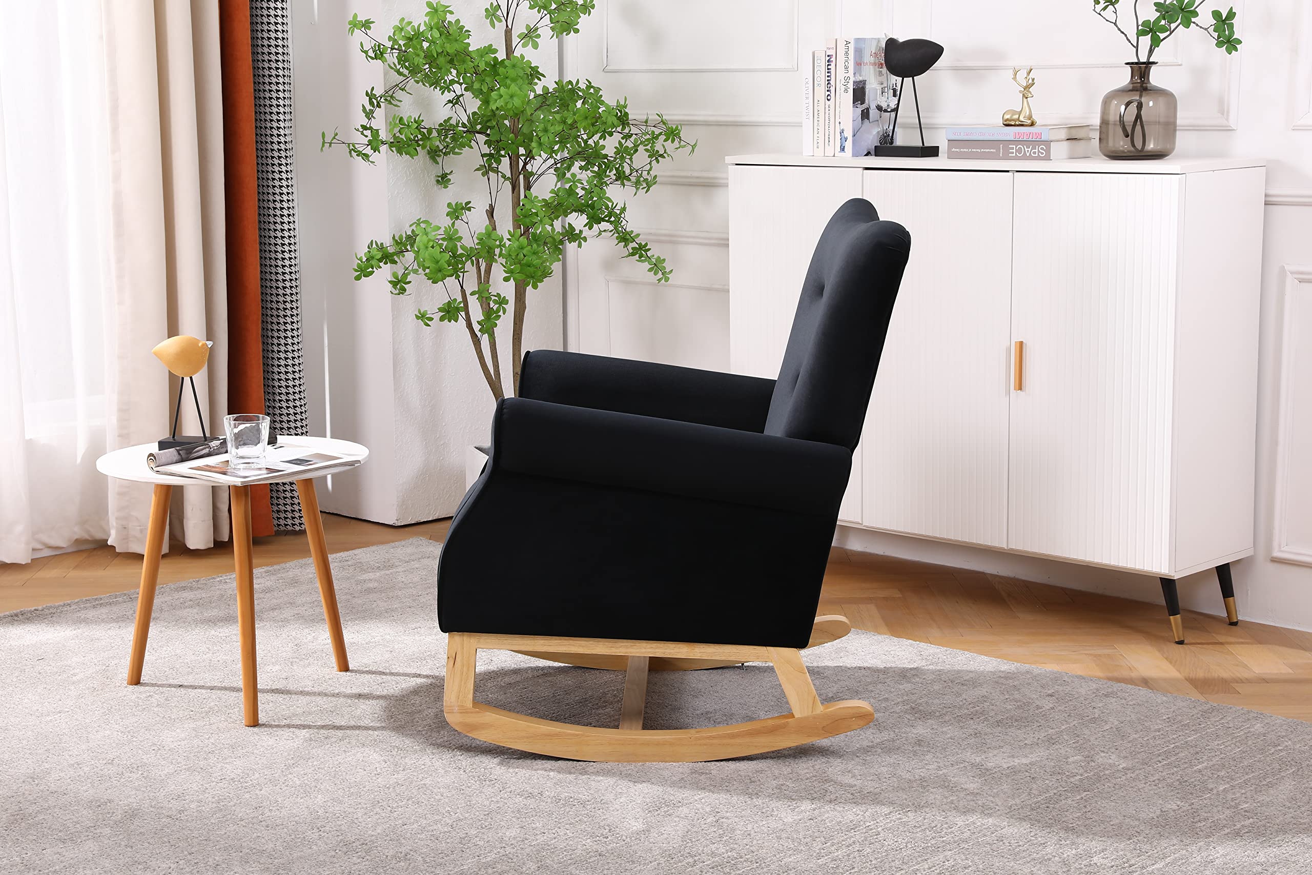Nicbex High Back Rocking Chair - Velvet Upholstered Nursery Glider with Smooth Motion, Ergonomic Support for Breastfeeding & Baby Bonding - Perfect for Nursery, Bedroom & Living Room (Black)