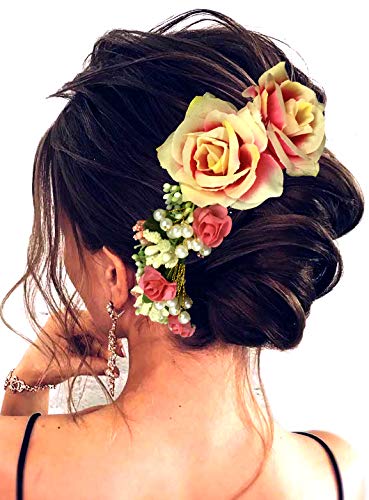 Women's Hair Veil with Rose & Pearl Gajra Hair Pin - Elegant Bun Accessories for Girls (Peach) - Perfect for Weddings, Parties & Special Occasions