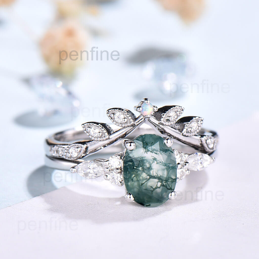 Oval Moss Agate Engagement Ring Set with Moissanite Stones - Vintage Inspired Bridal Jewelry for Weddings & Anniversaries