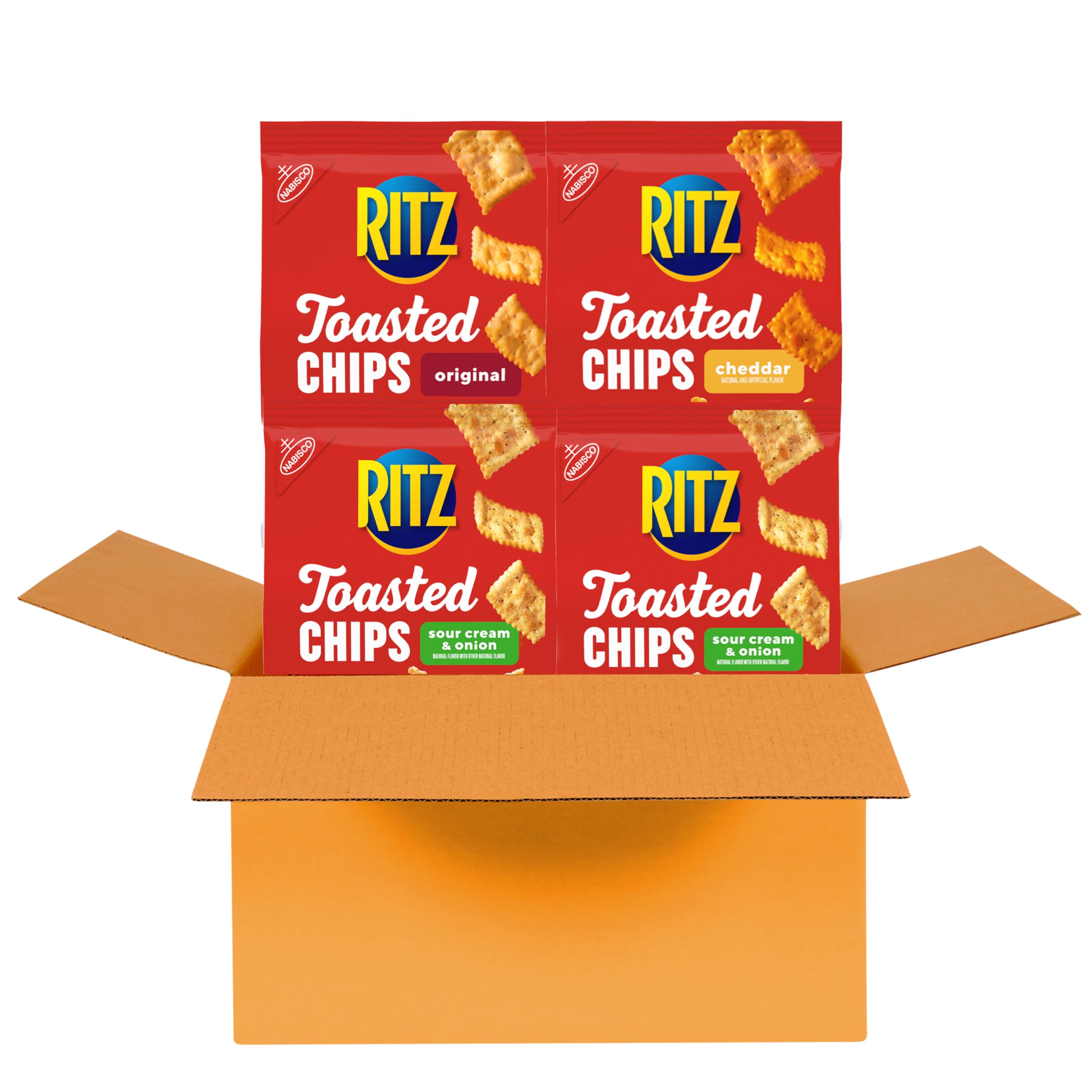RITZ Toasted Chips Variety Pack - Cheddar, Sour Cream & Onion, Original Flavored Crackers | Bulk Party Snacks for Office, School & Family Gatherings (4 Bags)