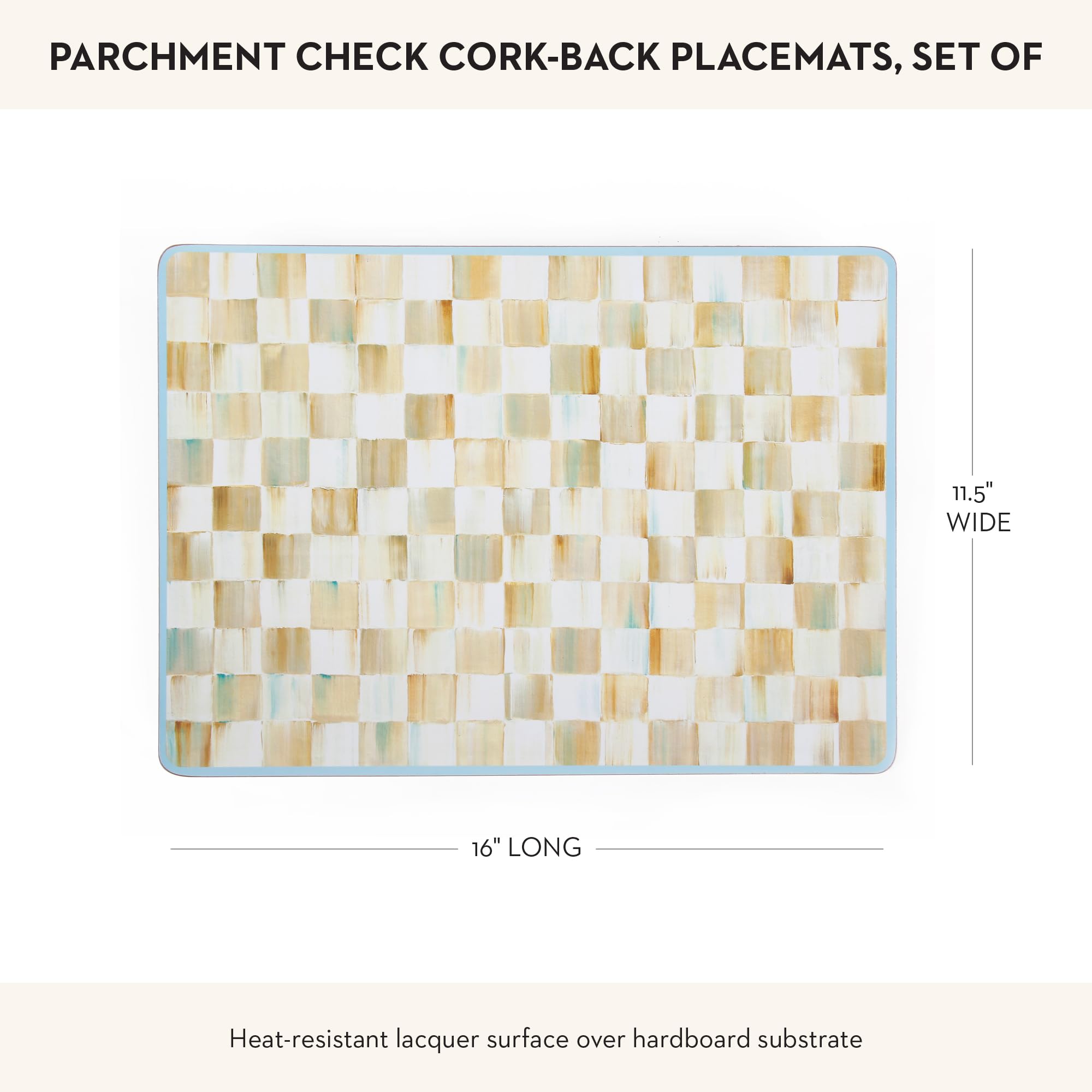 MACKENZIE-CHILDS Cork-Back Washable Placemats Set of 4 - Yellow and Cream Parchment Check Pattern Table Mats for Dining Room, Kitchen, and Party Decor