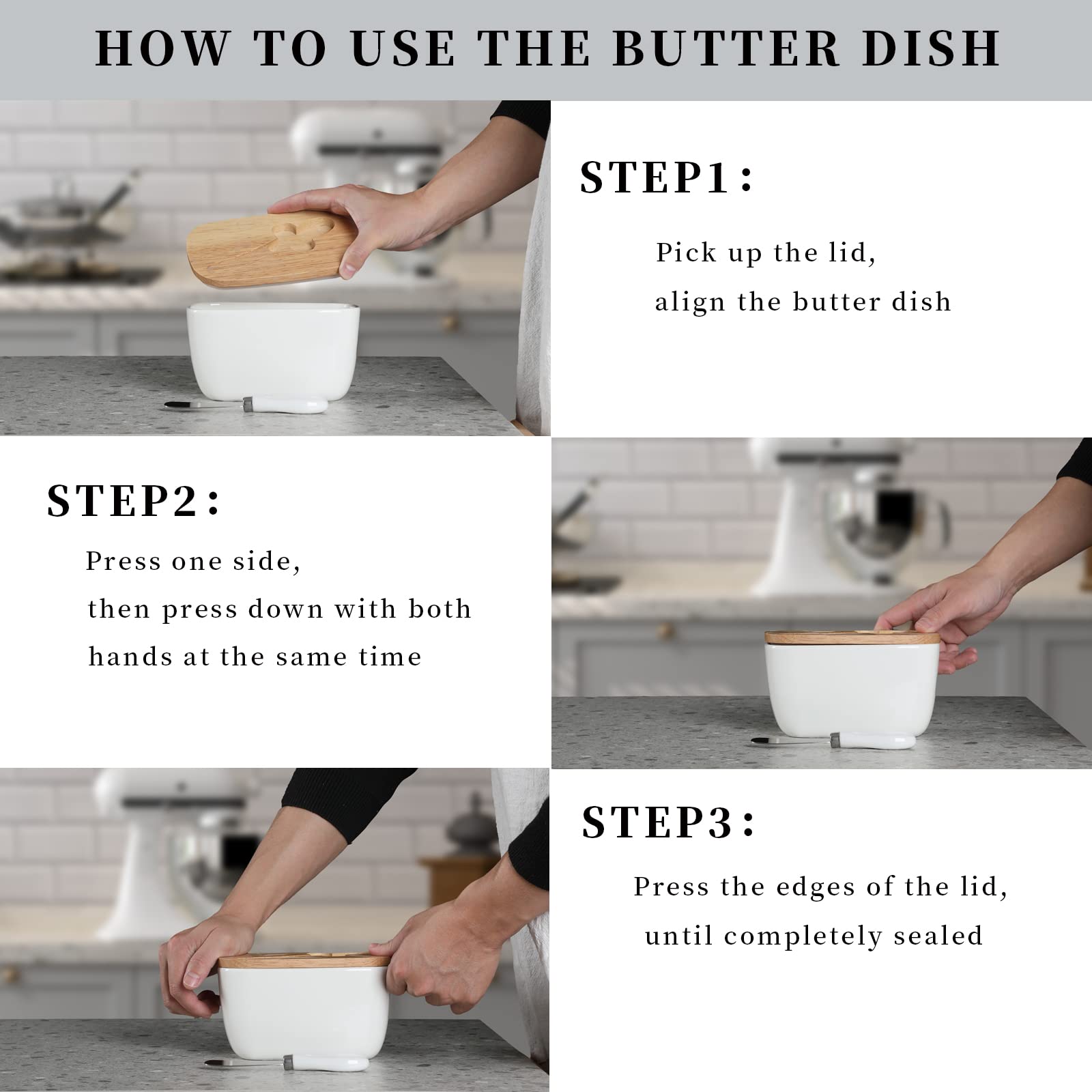 Premium Large Ceramic Butter Dish with Silicone Seal - Natural Wood Lid & Stainless Steel Butter Knife Included | Countertop Butter Keeper for Fresh Storage | Ideal for Kitchen Decor, Housewarming & Wedding Gifts (White, Extra Capacity)