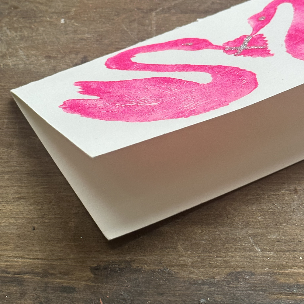 Handmade Block Printed Swan Love Folded Greeting Card - Perfect for Anniversaries, Weddings & Romantic Occasions