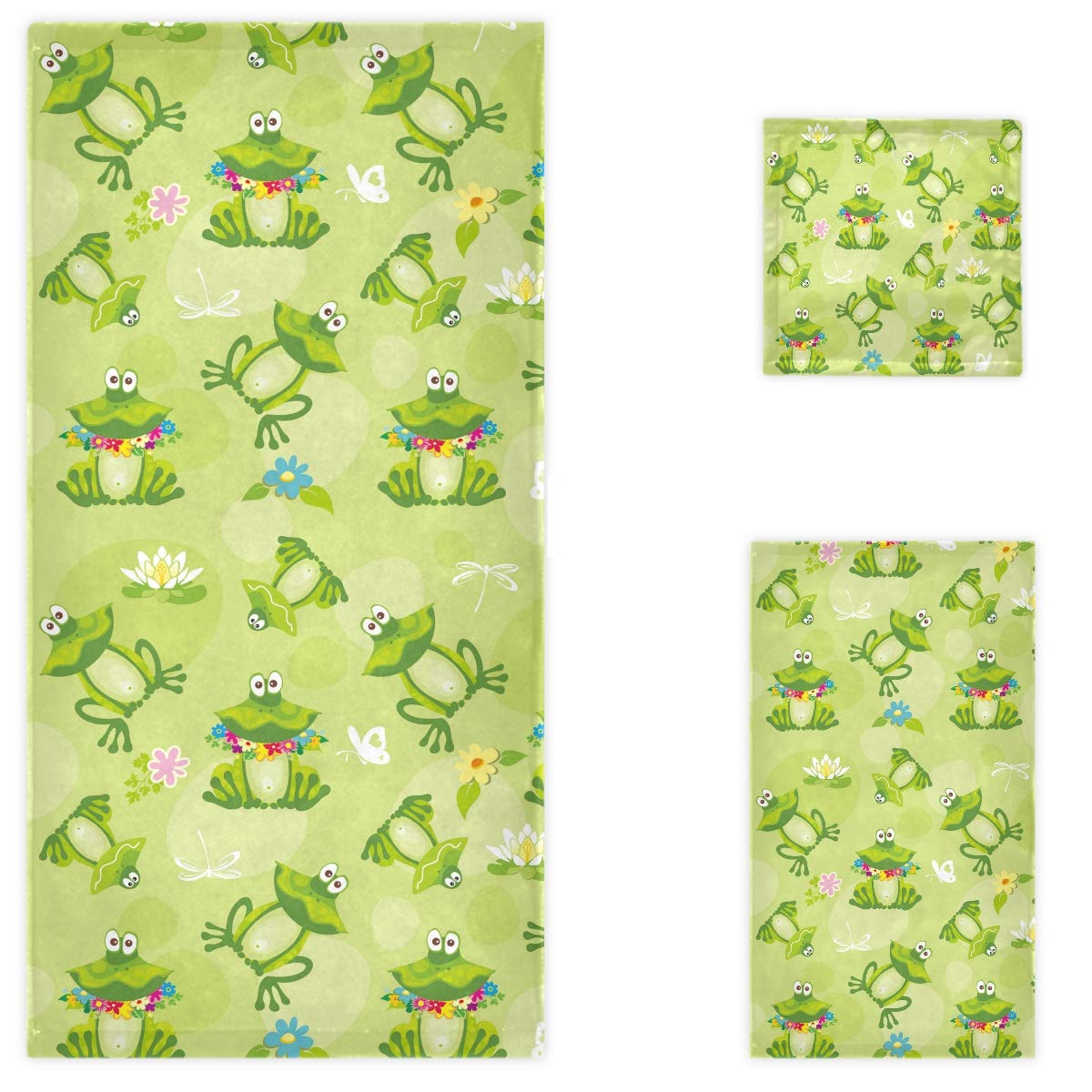 Premium 3-Piece Luxury Bath Towel Set - Soft & Absorbent Frog Dragonfly Butterfly Design for Bathroom, Spa, Gym & Beach Use (Green) | Includes 1 Bath Towel, 1 Hand Towel & 1 Washcloth | Perfect for Home Decor, Hotels & Gifts