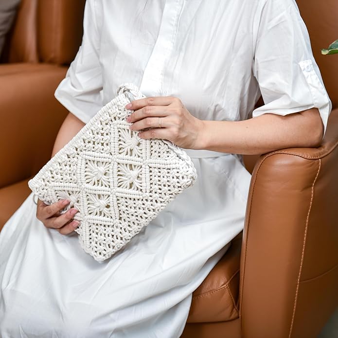 AIZA DECOR Women's Handmade Macrame Crossbody Bag - Boho Chic Sling Tote Purse for Women & Girls | Macrame Market Bag, Beach Bag, Festival Accessory | Perfect Gift for Birthday, Mother's Day (Off White)