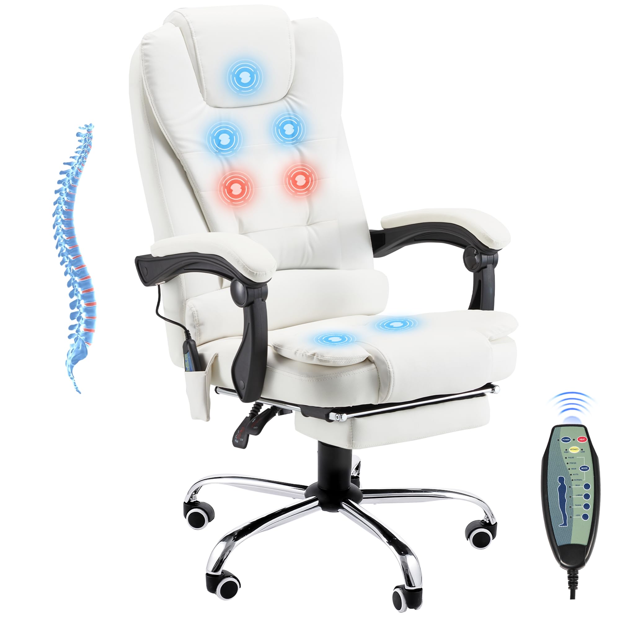 Esright Heated Massage Executive Office Chair with Footrest - High Back Reclining Swivel Leather Computer Desk Chair in Cream White - Perfect for Home Office, Gaming & Relaxation