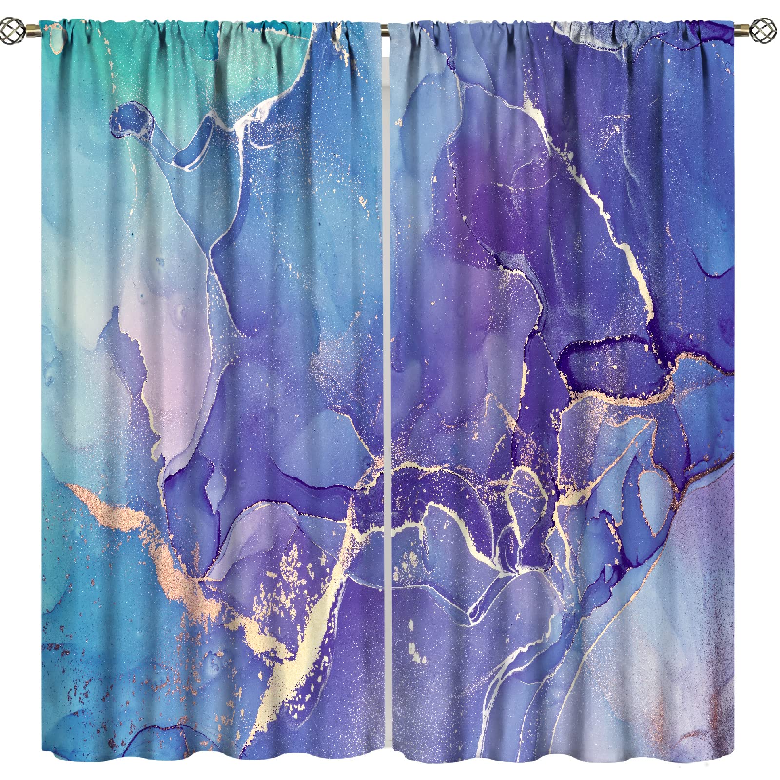 Luxury Marble Print Voile Curtains - Purple Aqua Agate Pattern, Set of 2 Panels (21