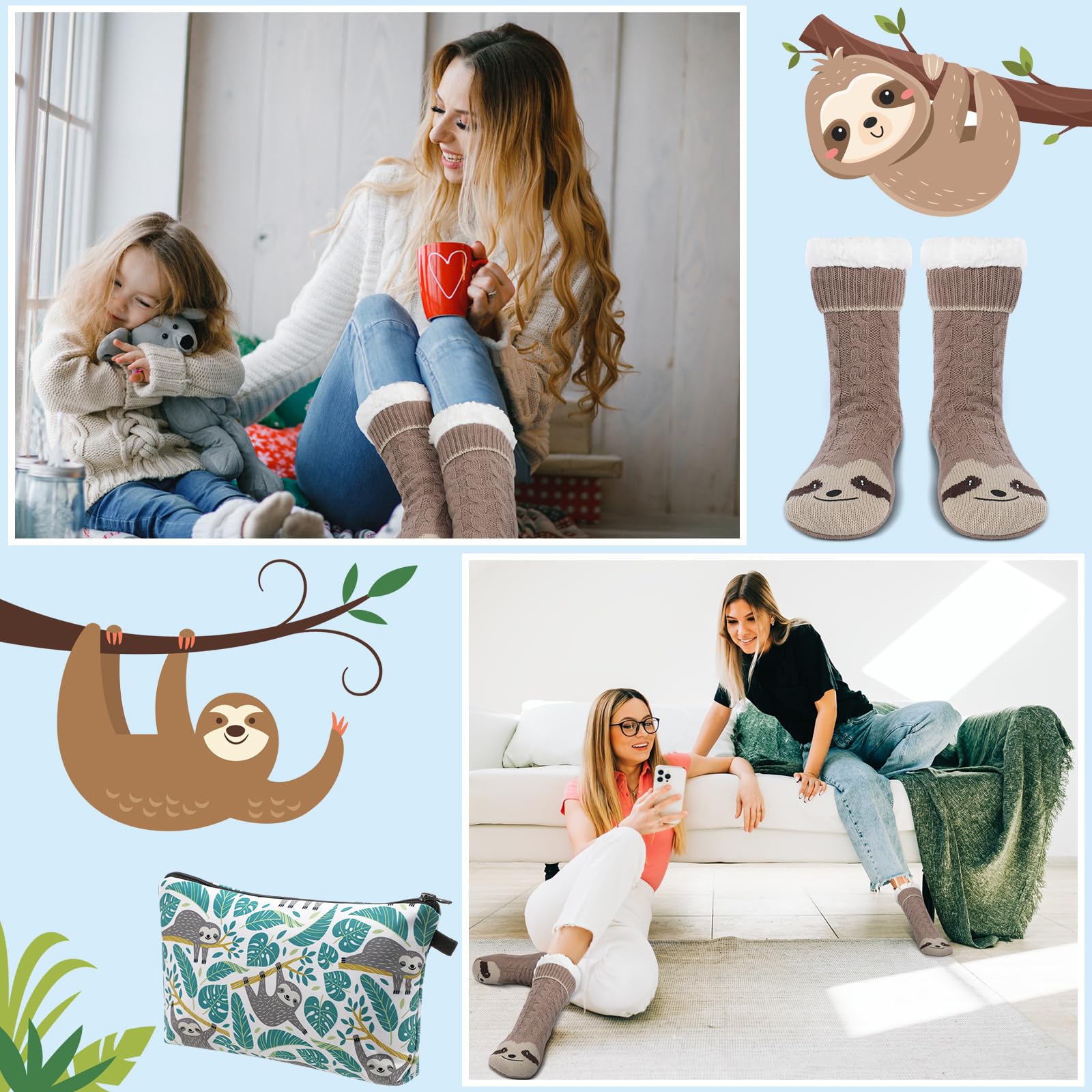 3 Pcs Valentine's Day Sloth Gift Set for Women - Cozy Slippers, Ring Holder & Makeup Bag with Non-Slip Fuzzy Socks | Perfect Birthday Gifts for Mom, Grandma, Teacher & Friends | Ideal for Relaxing at Home, Spa Days & Cozy Nights