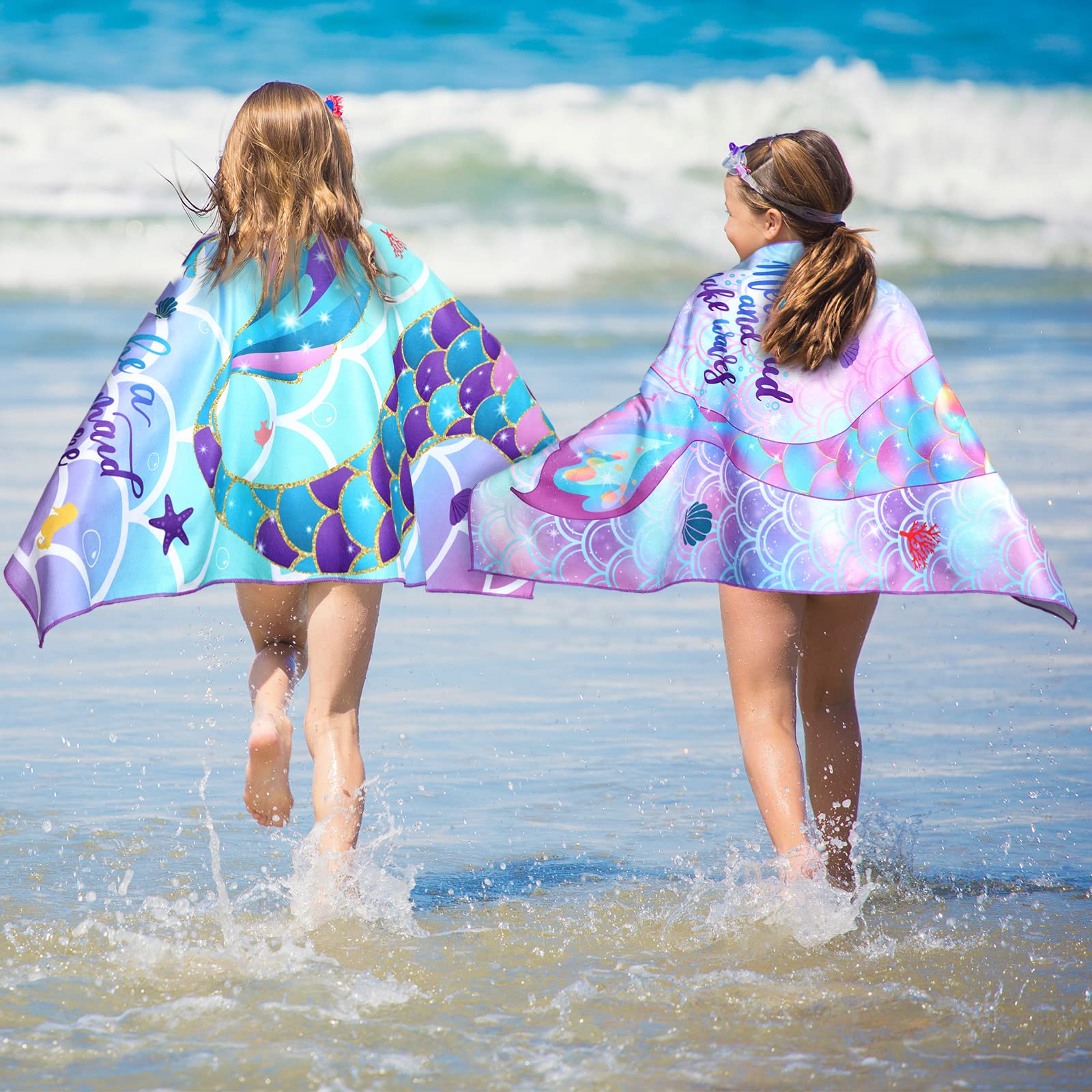 Yahenda 2 Pack Kids Mermaid Beach Towels - Quick Dry Swim & Bath Towels for Girls, 28 x 55 Inch - Perfect for Pool, Beach, Travel, Camping & Shower Use