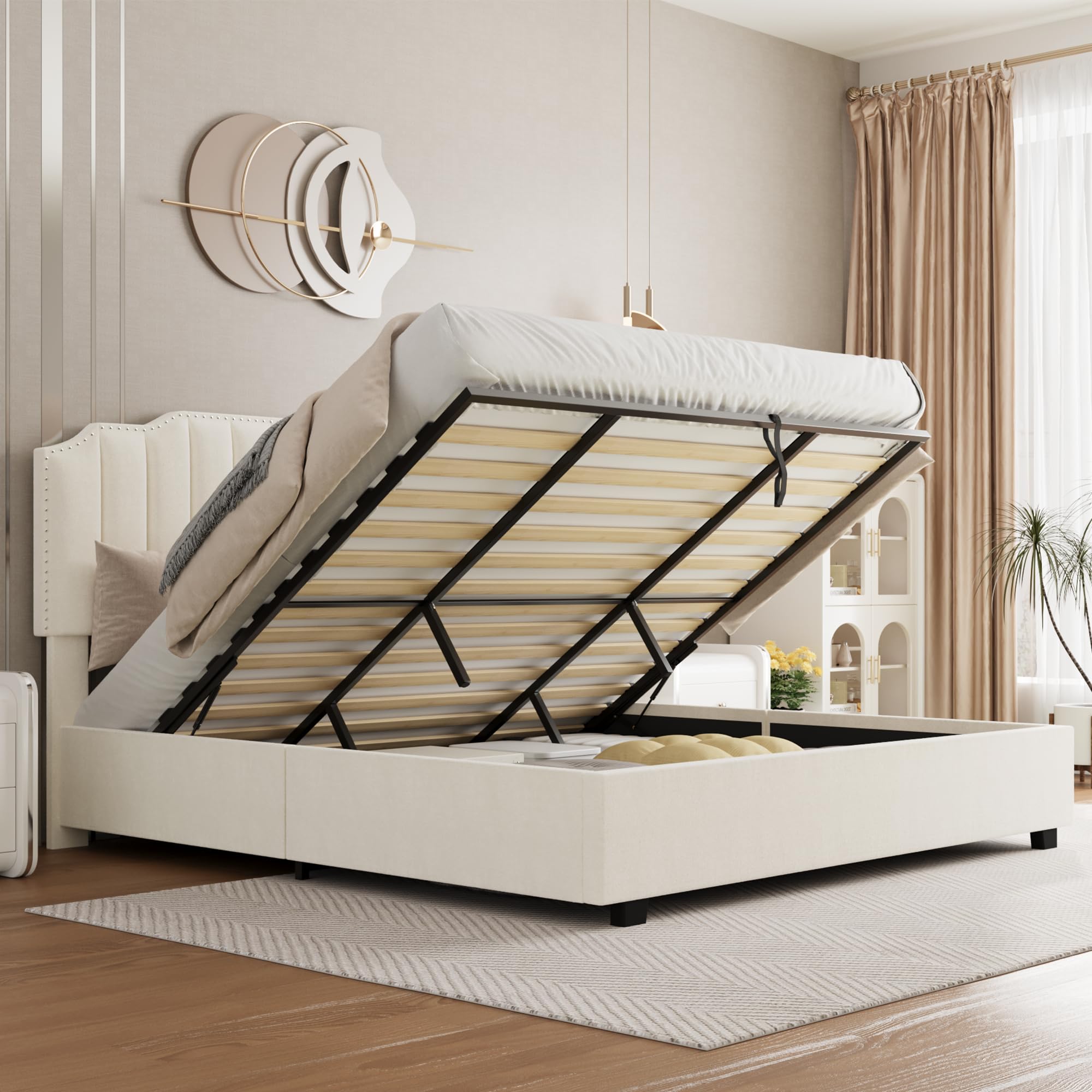 Harper & Bright Designs Queen Size Platform Bed with Lift-Up Storage - Velvet Upholstered Bed Frame with Headboard & Wood Slats | Noise-Free Bedroom Furniture (Beige) | Perfect for Small Spaces & Guest Rooms