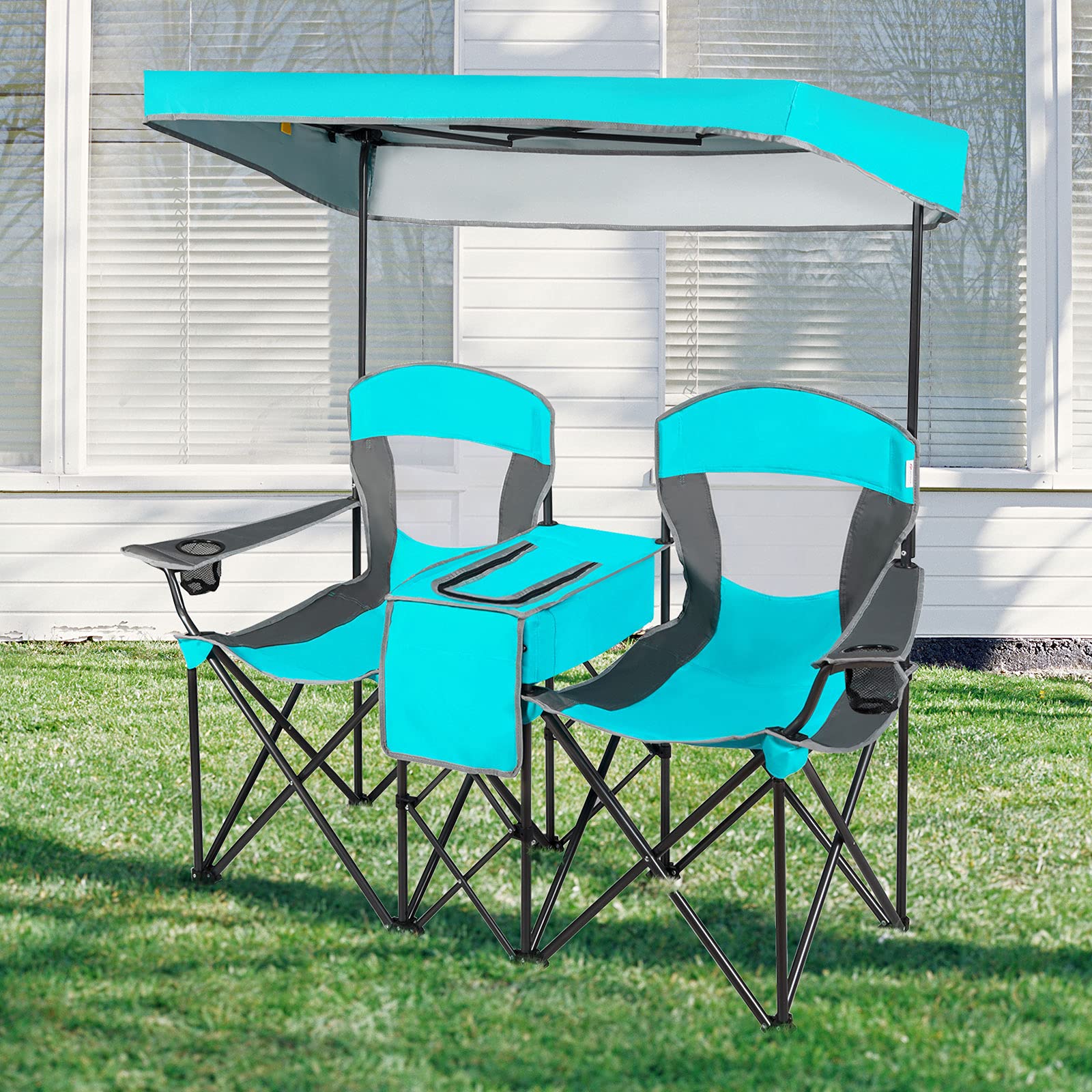 GYMAX 2-Person Double Camping Chair with Canopy Shade - Adjustable UV Protection, Built-in Cooler, Cup Holders & Carry Bag - Portable Folding Beach Lawn Chair for Outdoor Activities, Picnics, Soccer Games & Backyard Relaxation (Navy)