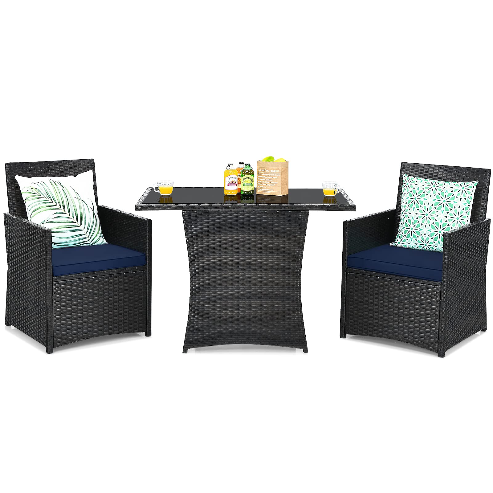 Tangkula 3-Piece Outdoor Dining Set - Space-Saving PE Rattan Bistro Set with Tempered Glass Table & Cushioned Chairs - Perfect for Garden, Backyard, Poolside, Patio, Porch & Balcony (Blue) | Weather-Resistant Outdoor Furniture for Relaxing & Entertaining
