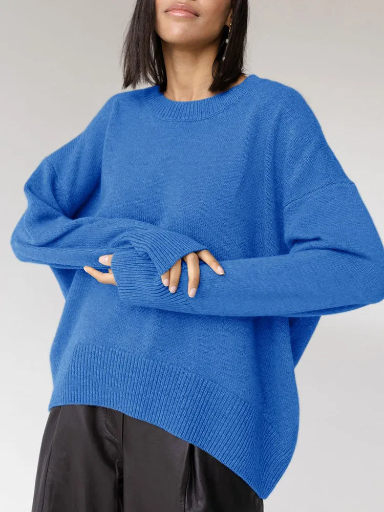 Oversized Women's Sweaters - Light Blue Knitted Pullovers with O Neck for Autumn & Winter | Cozy Loose Tops for Casual Wear, Office & Weekend Outfits