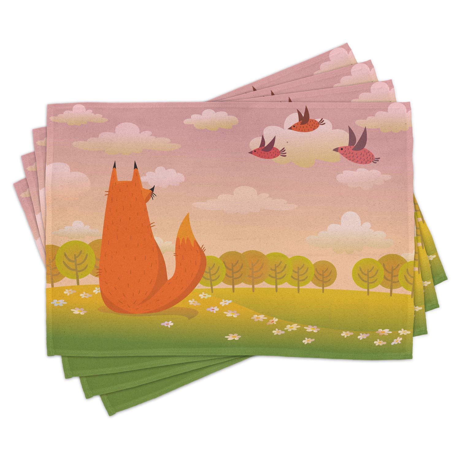 Ambesonne 4-Pack Cartoon Fox Wildlife Placemats - Valley Farm Sunset with Birds & Daisies Artwork - Washable Fabric Table Mats for Dining Room & Kitchen Decor (Orange, Lilac, Green) - Perfect for Family Dinners, Parties & Holiday Gatherings