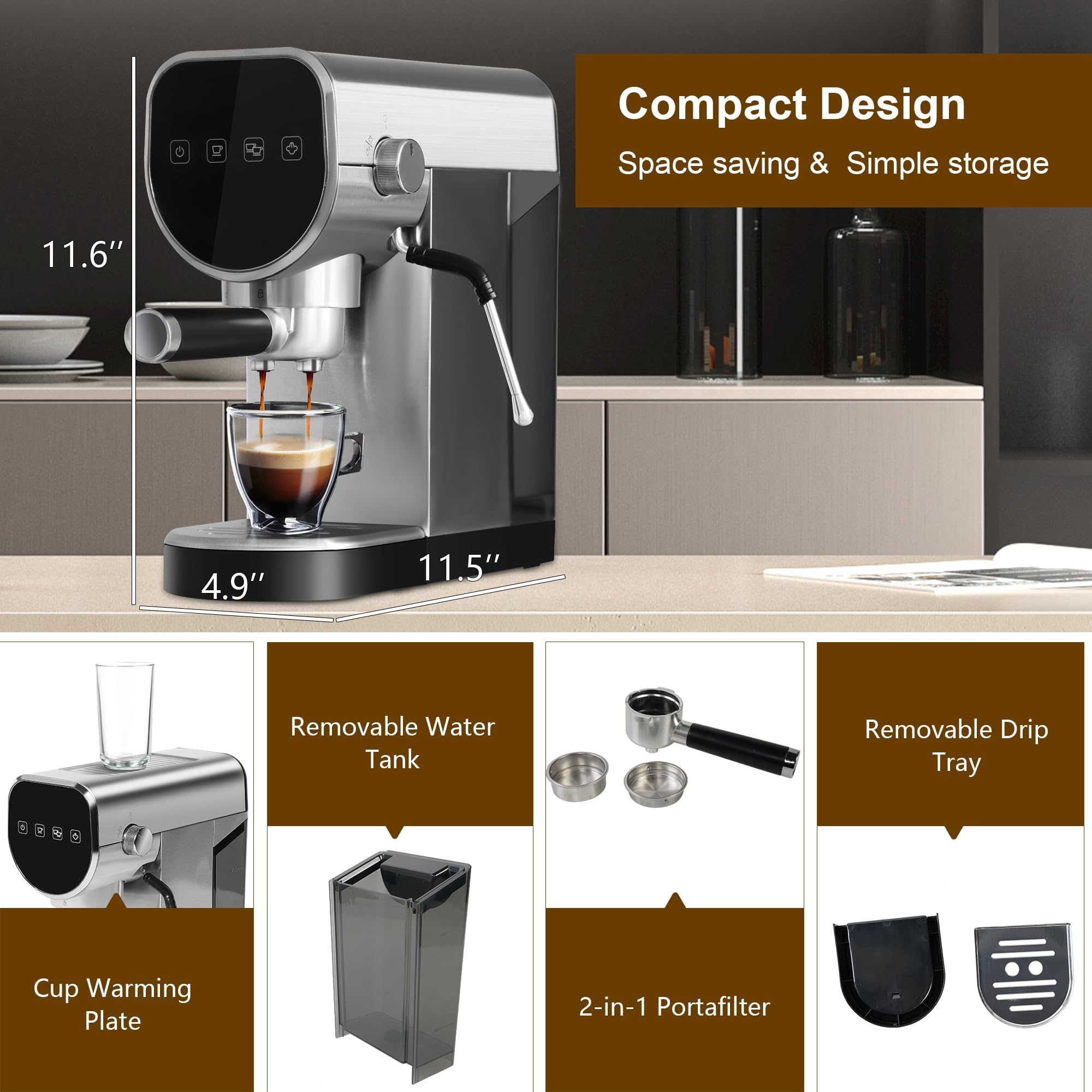 20 Bar Professional Espresso Machine for Home with Milk Frother Wand - Digital Touch Screen Coffee Maker, 30oz Removable Water Tank - Automatic Espresso & Cappuccino Maker for Latte, Americano - Perfect for Kitchen, Office, Coffee Shop & Gifts