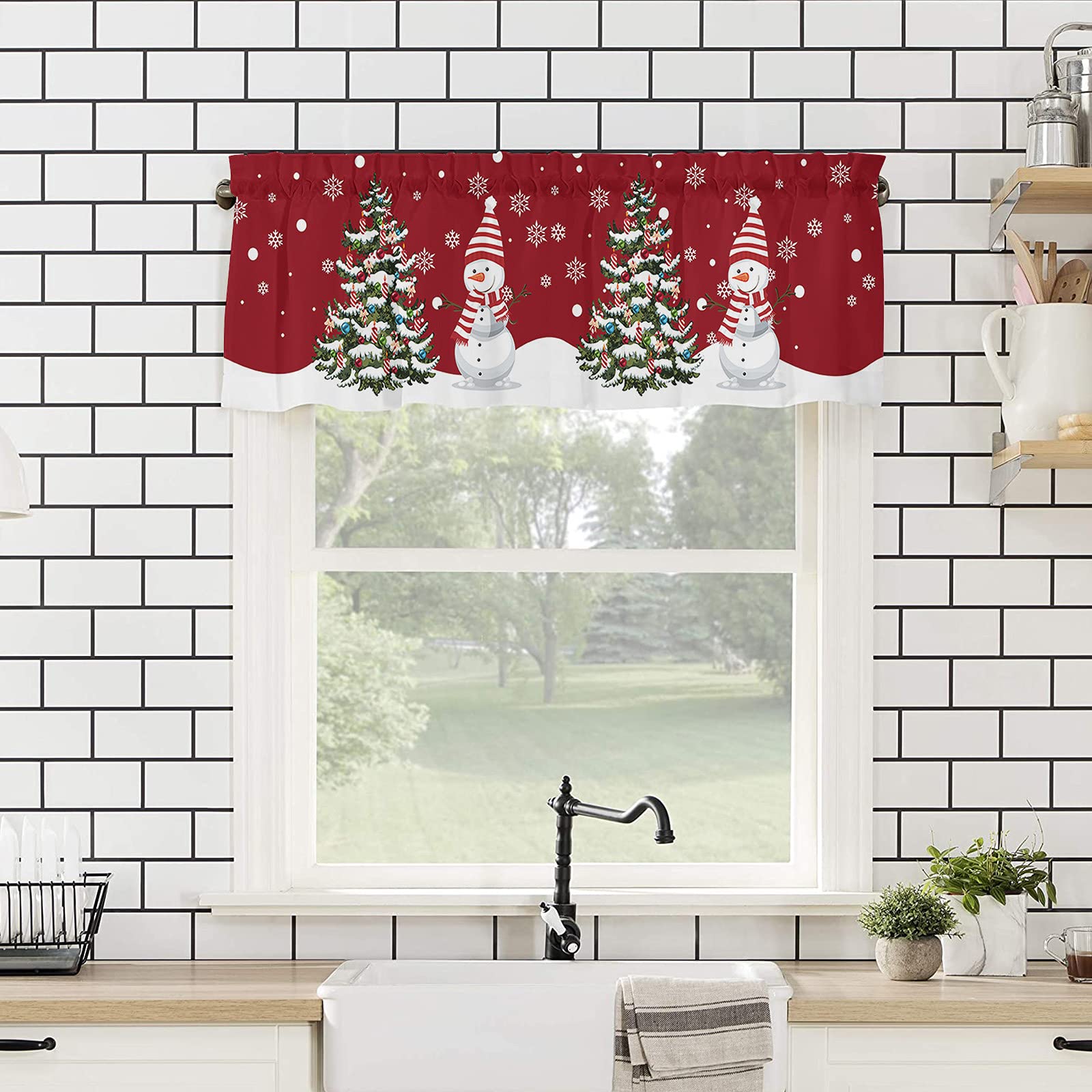 Christmas Snowman & Xmas Tree Valance Curtains 54x18 Inch - Snow-Themed Kitchen Window Valances with Rod Pocket for Bedroom, Living Room & Bathroom | Festive Holiday Decor for Small Windows