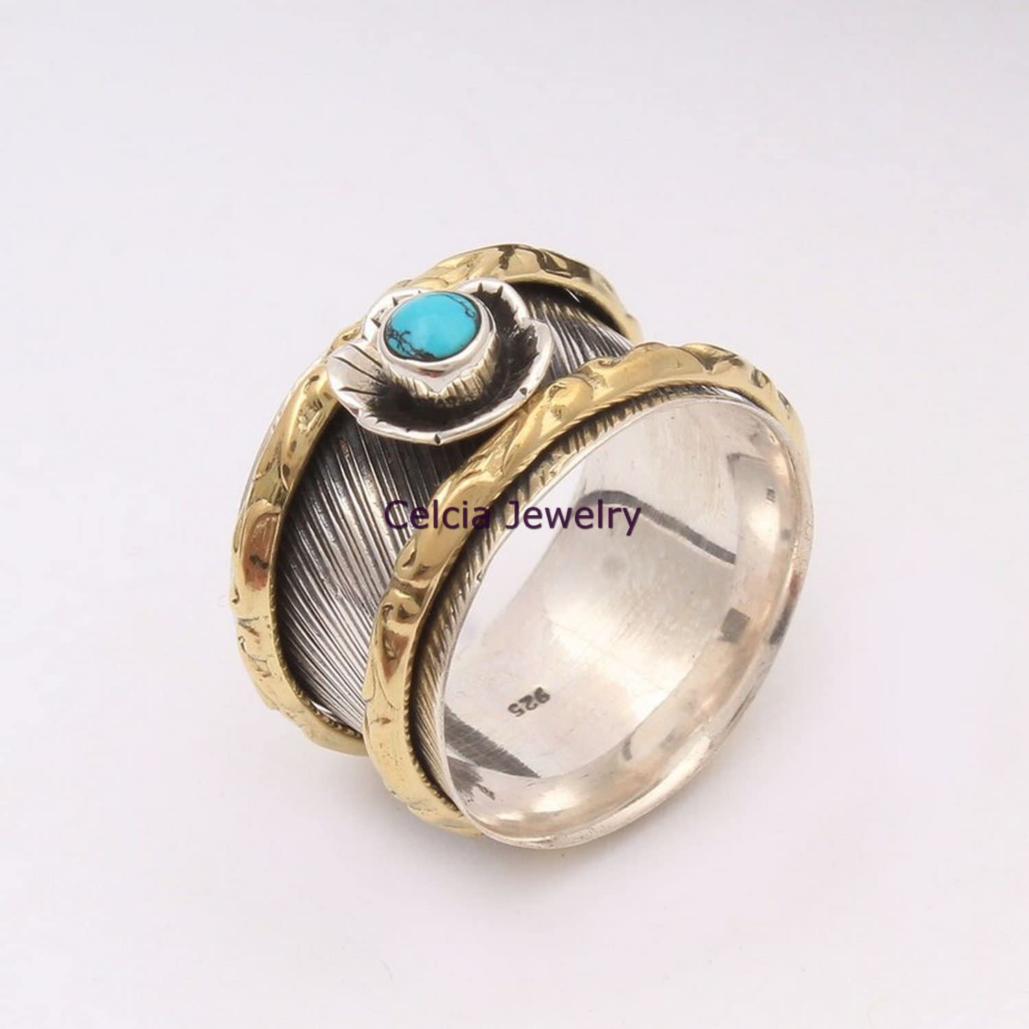 Genuine Turquoise Cabochon Round Gemstone Spinner Ring – Meditation Spinning Ring for Stress Relief, Antique Two-Tone Unique December Birthstone Jewelry, Metaphysical Healing Gifts for Women & Men (US Size 7) – Perfect for Yoga, Mindfulness & Spiritual Practices