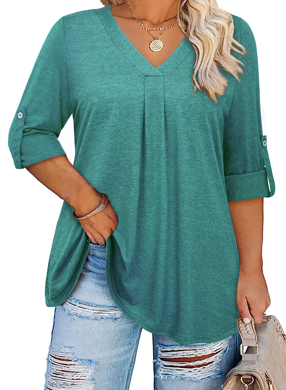 Plus Size Women's 3/4 Sleeve V-Neck Tunic Blouse - Siddhe Spring Summer 2025 Casual Tops for Work, Office & Everyday Wear