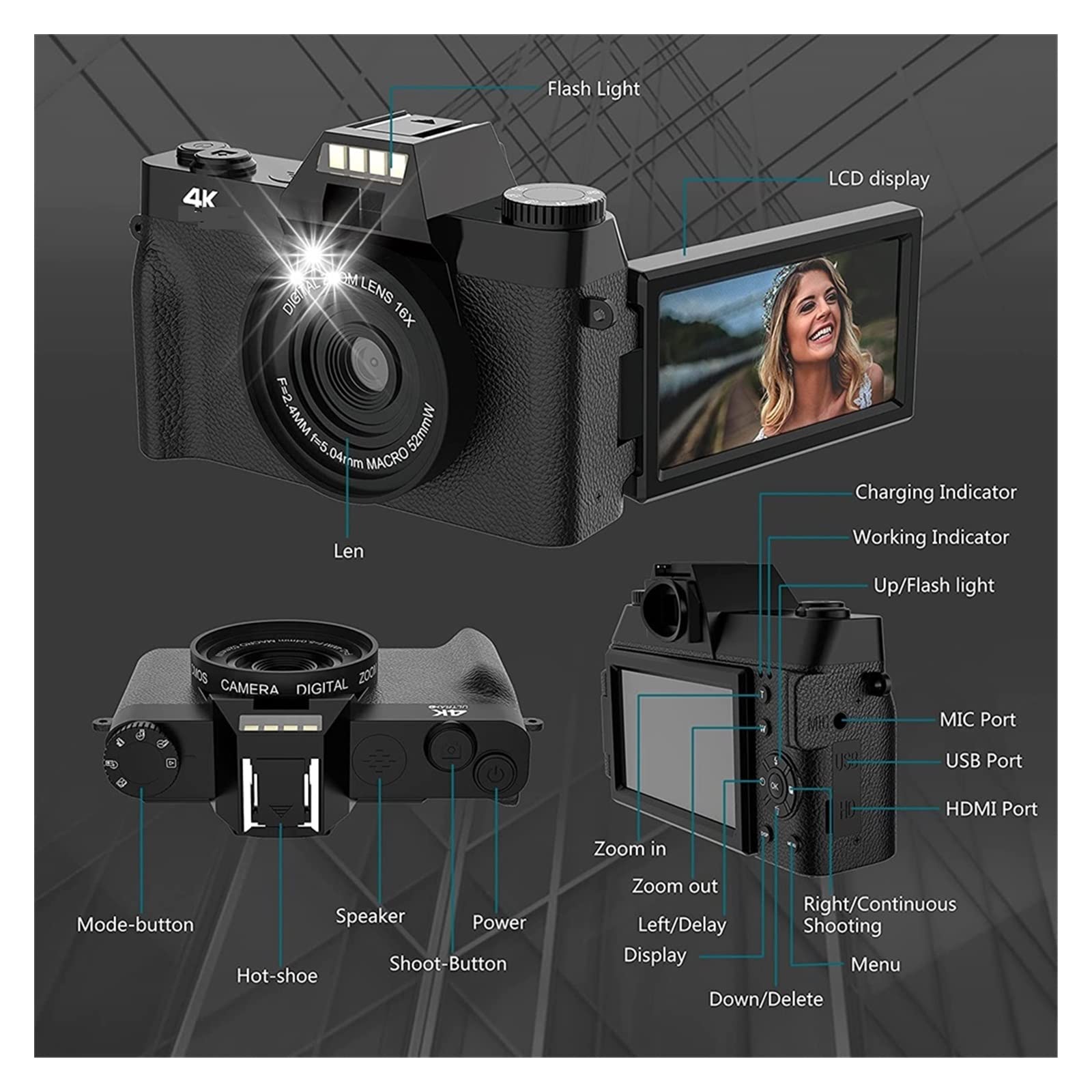 BODORME 48MP Digital Camera with Wide Angle & Macro Lens, 16X Zoom, Auto Focus, 16GB TF Card & Filter - Perfect for Selfies, Vlogging, YouTube Videos, and Photography