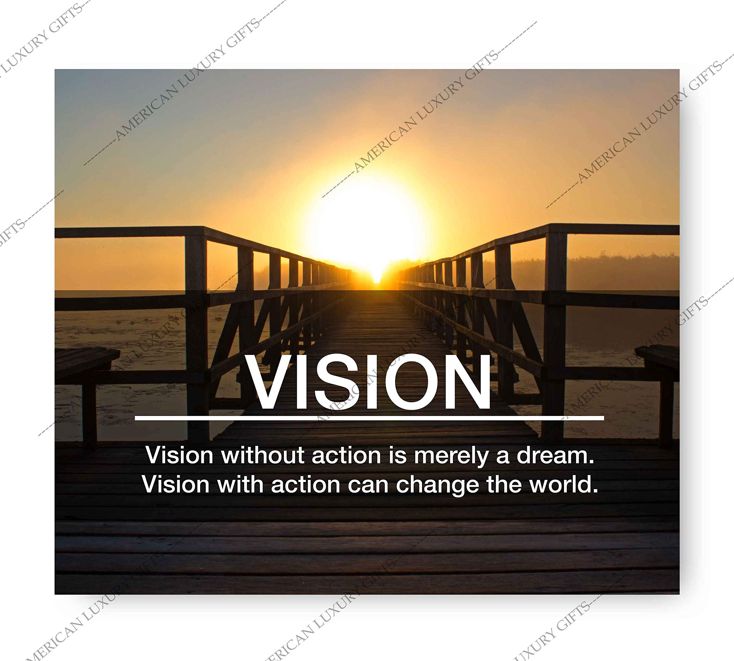 Vision With Action - Motivational Wall Art Print, Ocean Sunset Inspirational Decor for Living Room, Bedroom, Office & Workplace - Unframed 10x8 - Perfect for Home, School & Office Motivation