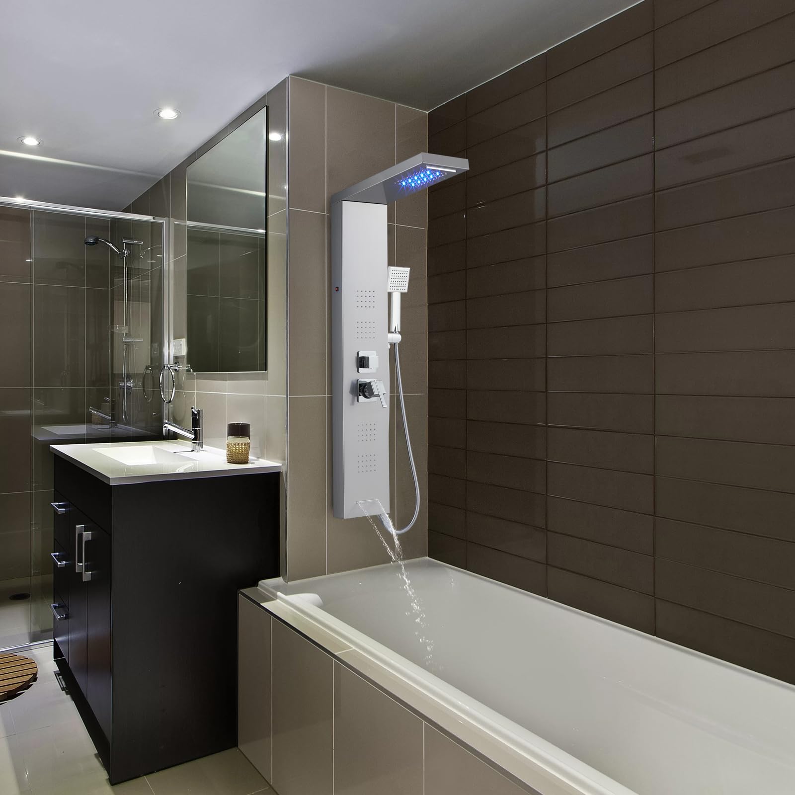 ROVOGO 5-Function LED Shower Panel Tower System with Rainfall Shower Head, 4 Body Jets, Handheld Spray & Tub Spout - Brushed Stainless Steel for Luxurious Bathroom Spa Experience
