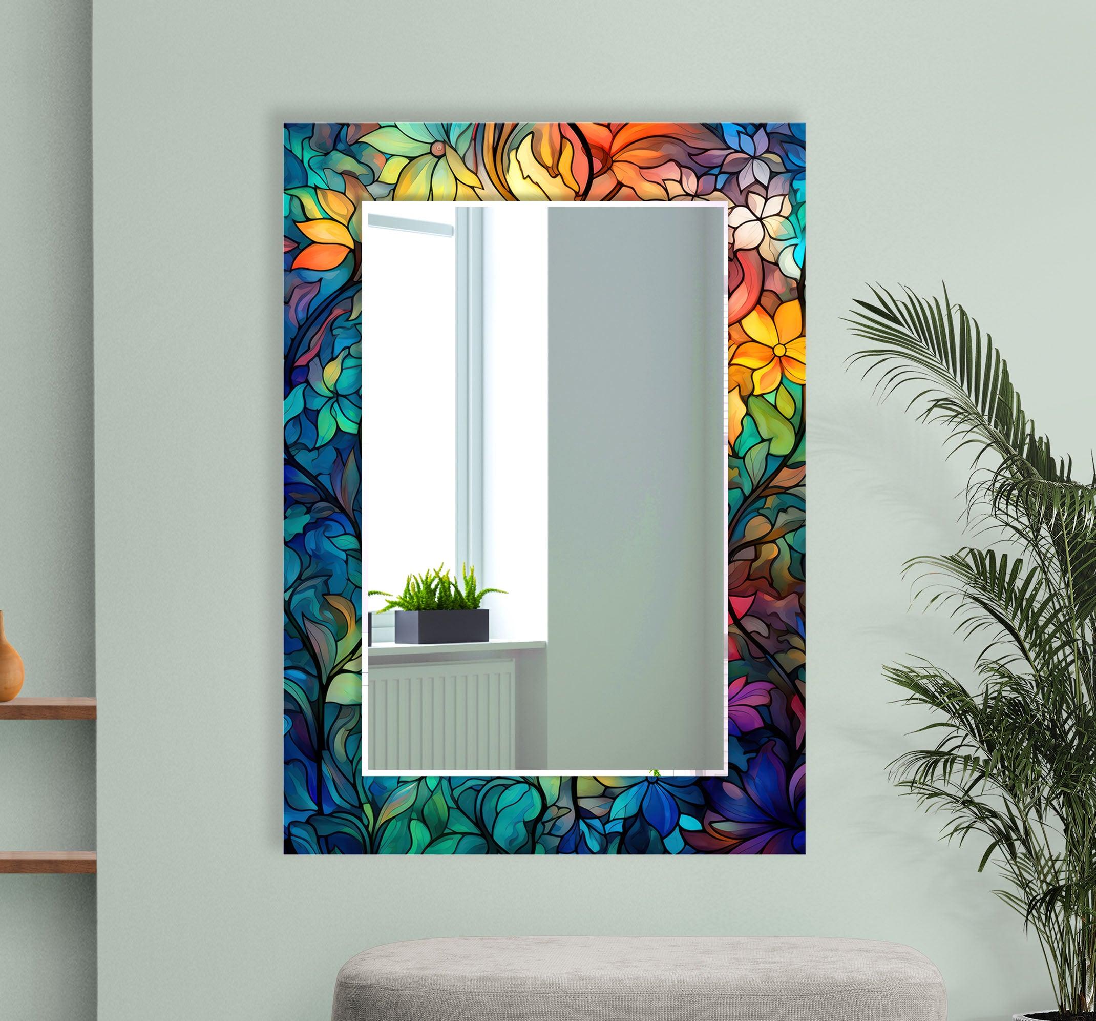 Blue & Orange Stained Glass Wall Mirror with Leaf Design - Elegant Home Decor for Living Room, Bedroom, or Entryway