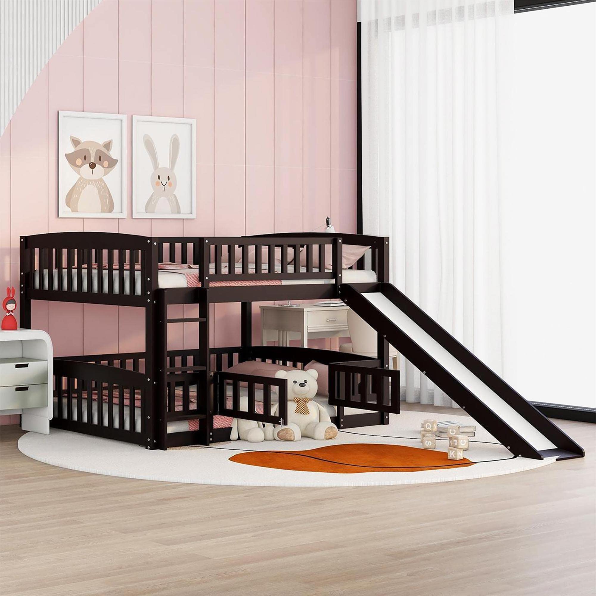 **Low Kids Bunk Bed with Slide - Full Over Full Toddler Bunk Bed Frame with Safety Fence, Ladder & Guardrail - Wooden Floor Bunk Bed with Fun Small Door for Toddlers, Kids & Teens (Espresso) - Perfect for Small Bedrooms, Playrooms & Shared Kids' Spaces**