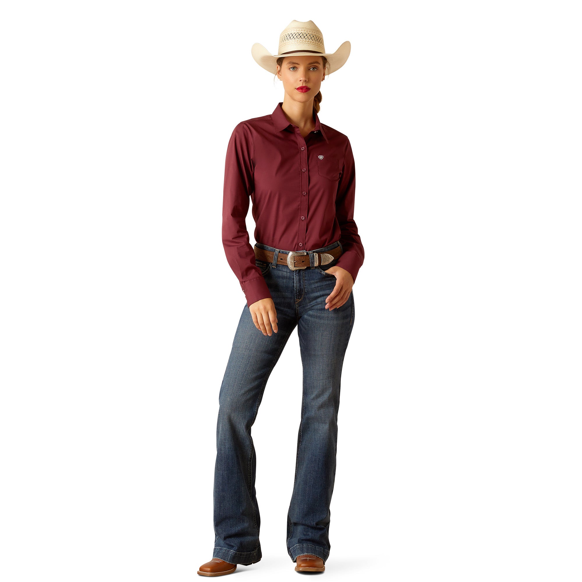 Ariat Women's Wrinkle Resistant Kirby Long Sleeve Shirt - Burgundy Red for Western Riding, Horseback & Casual Wear