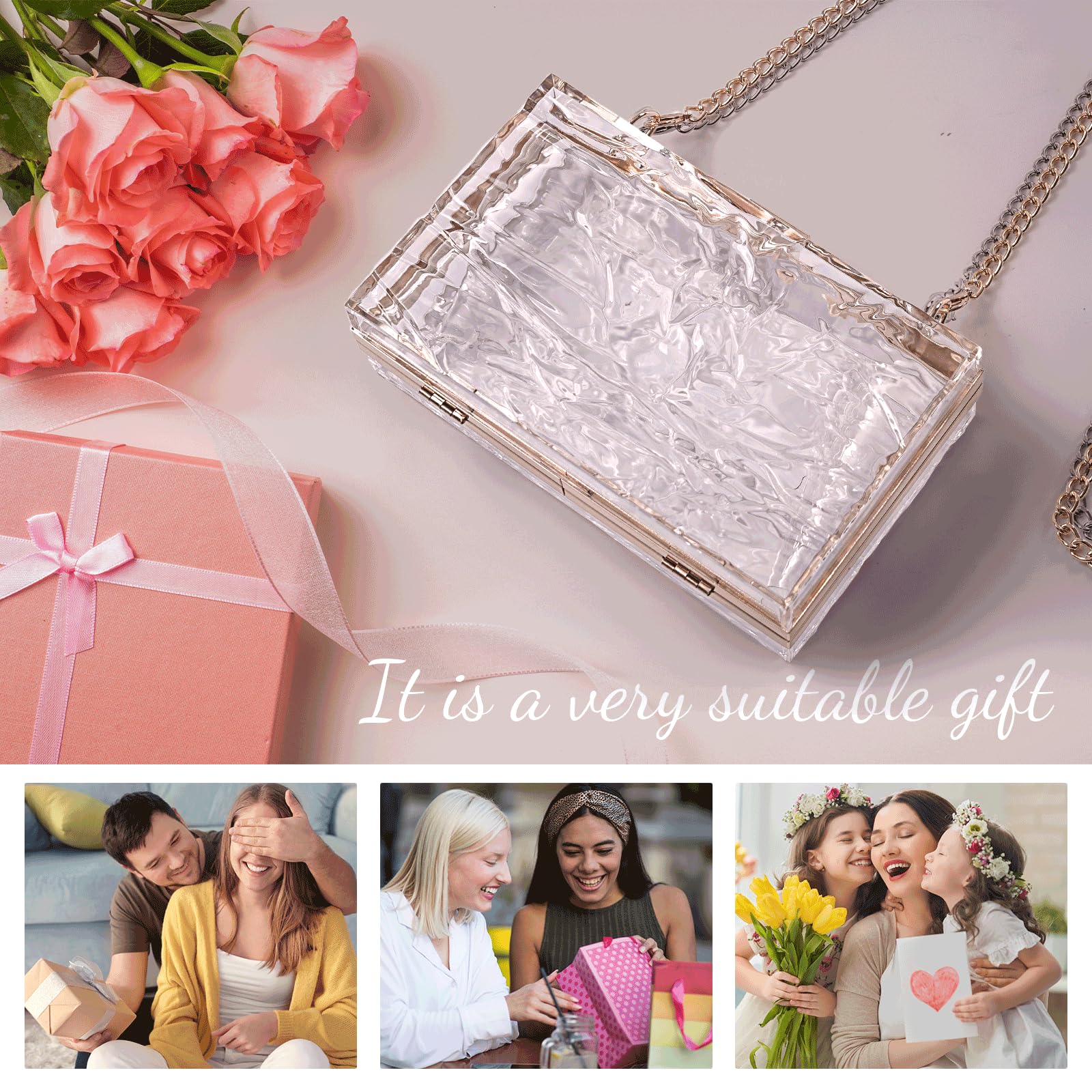 WJCD Women's Clear Acrylic Clutch Purse - Vintage Ripple Design Evening Bag for Banquet, Party, Wedding & Special Occasions