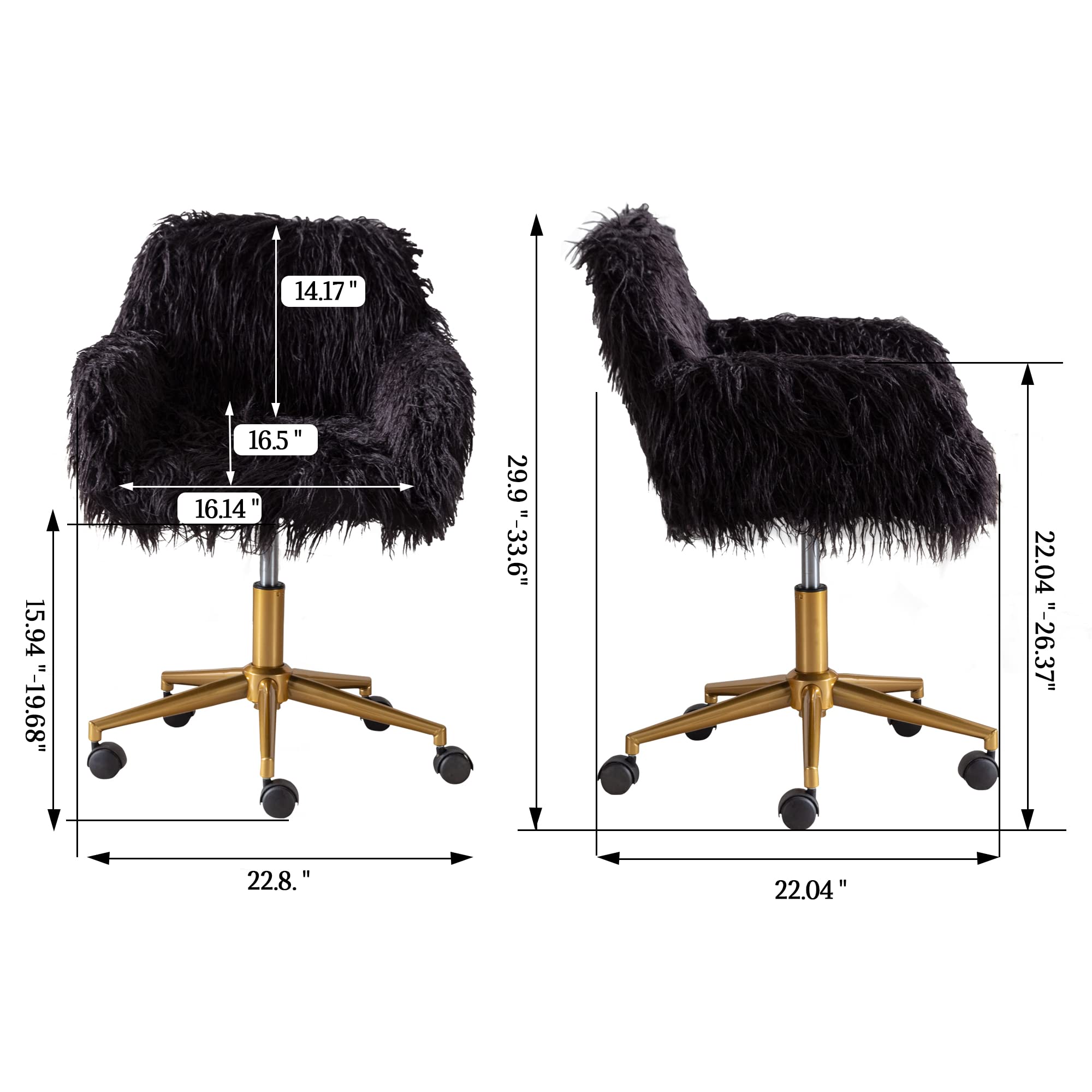 Fluffy Faux Fur Desk Chair - Adjustable Swivel Computer Chair with Wheels, Height Adjustable Pink Vanity Chair for Makeup Room, Teen Girls Bedroom & Home Office - Perfect for Gaming, Studying & Working (Black)
