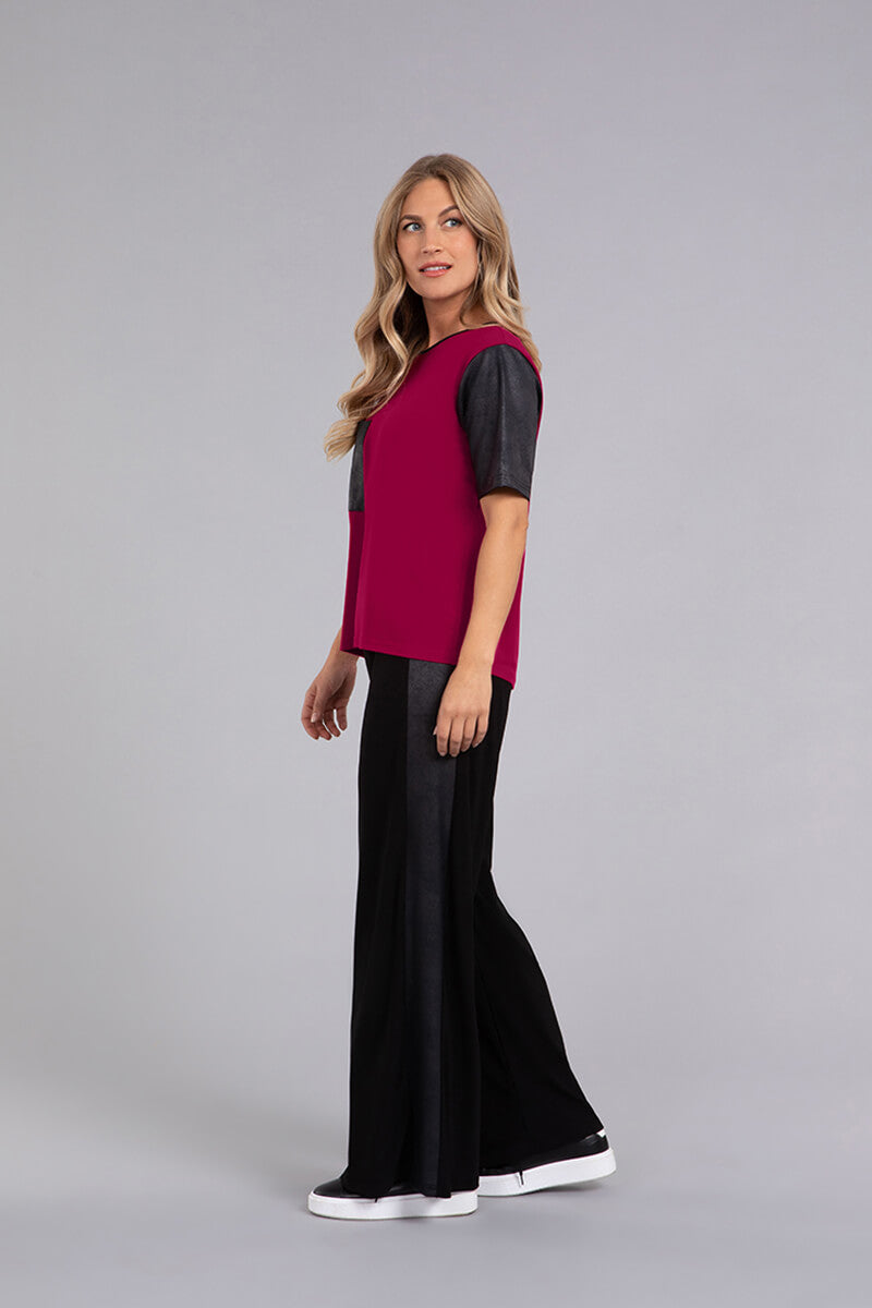Faux Leather Boxy T-Shirt in Magenta | Trendy Women's Top for Casual Wear, Outings & Street Style Fashion
