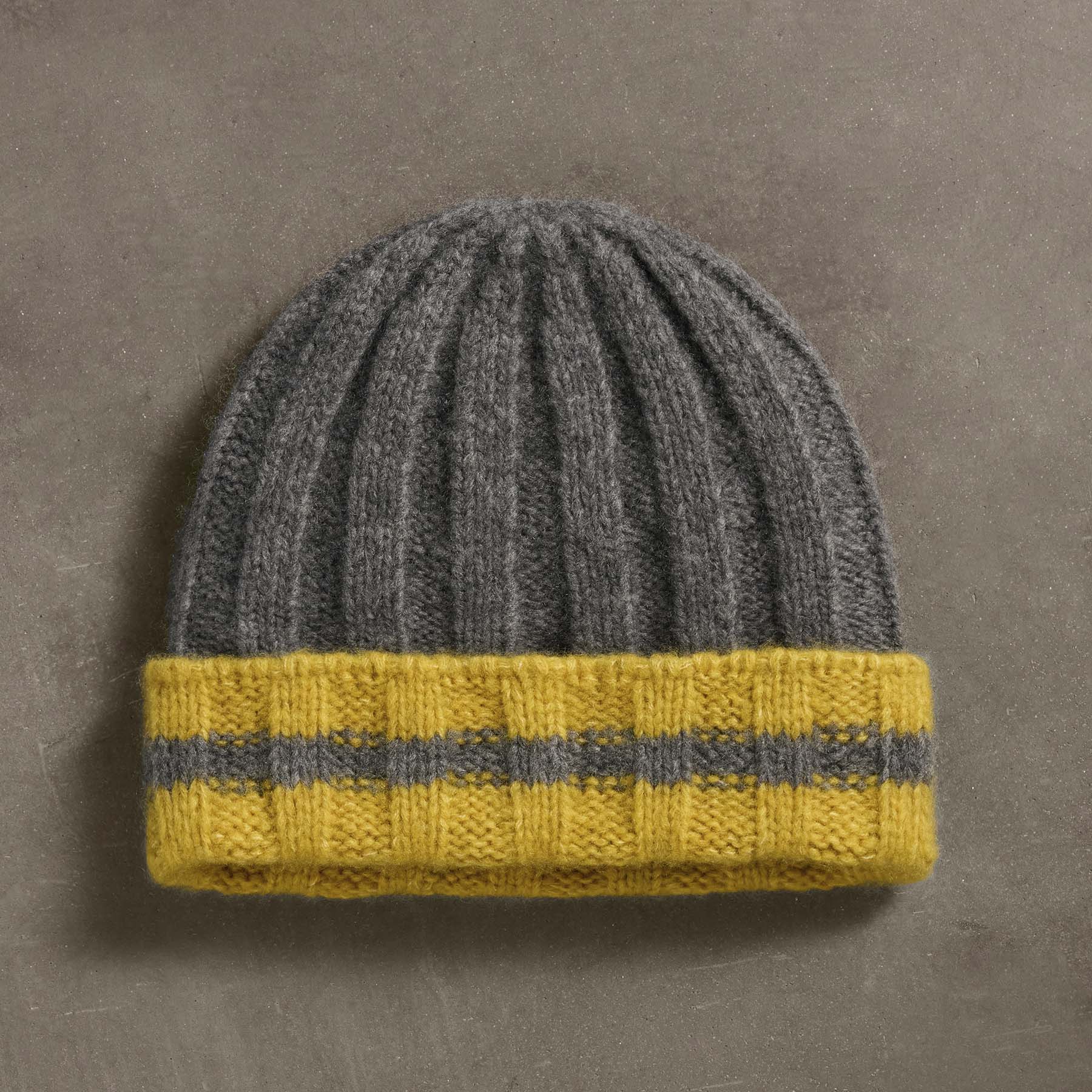 Cashmere Stripe Rib Beanie - Soft Winter Hat for Men & Women - Thunder/Straw Color - Perfect for Skiing, Snowboarding & Cold Weather Fashion