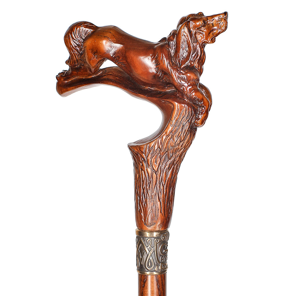 Handcrafted Dark Wood Walking Cane with Bronze Collar - Artisan Carved Spaniel Dog Design for Seniors & Fashionable Walking Sticks - Perfect for Gifts, Collectors & Mobility Support