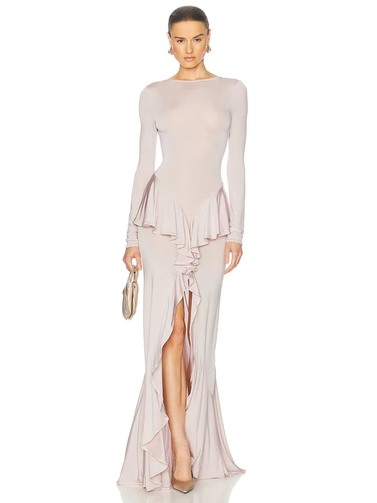 Sexy Backless Ruffled Maxi Dress for Women - Elegant O-Neck Long Sleeve Evening Gown with Thigh High Split | Perfect for Parties, Weddings & Date Nights