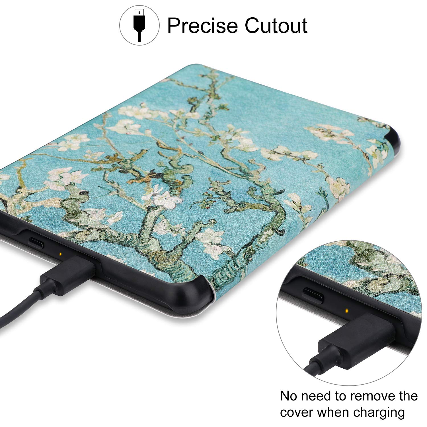 Premium PU Leather Case for Kindle Paperwhite 10th Generation (2018 Model PQ94WIF) - Slim Protective Cover with Auto Wake/Sleep Feature, Tree & Flower Design - Perfect for Reading at Home, Travel or Commuting