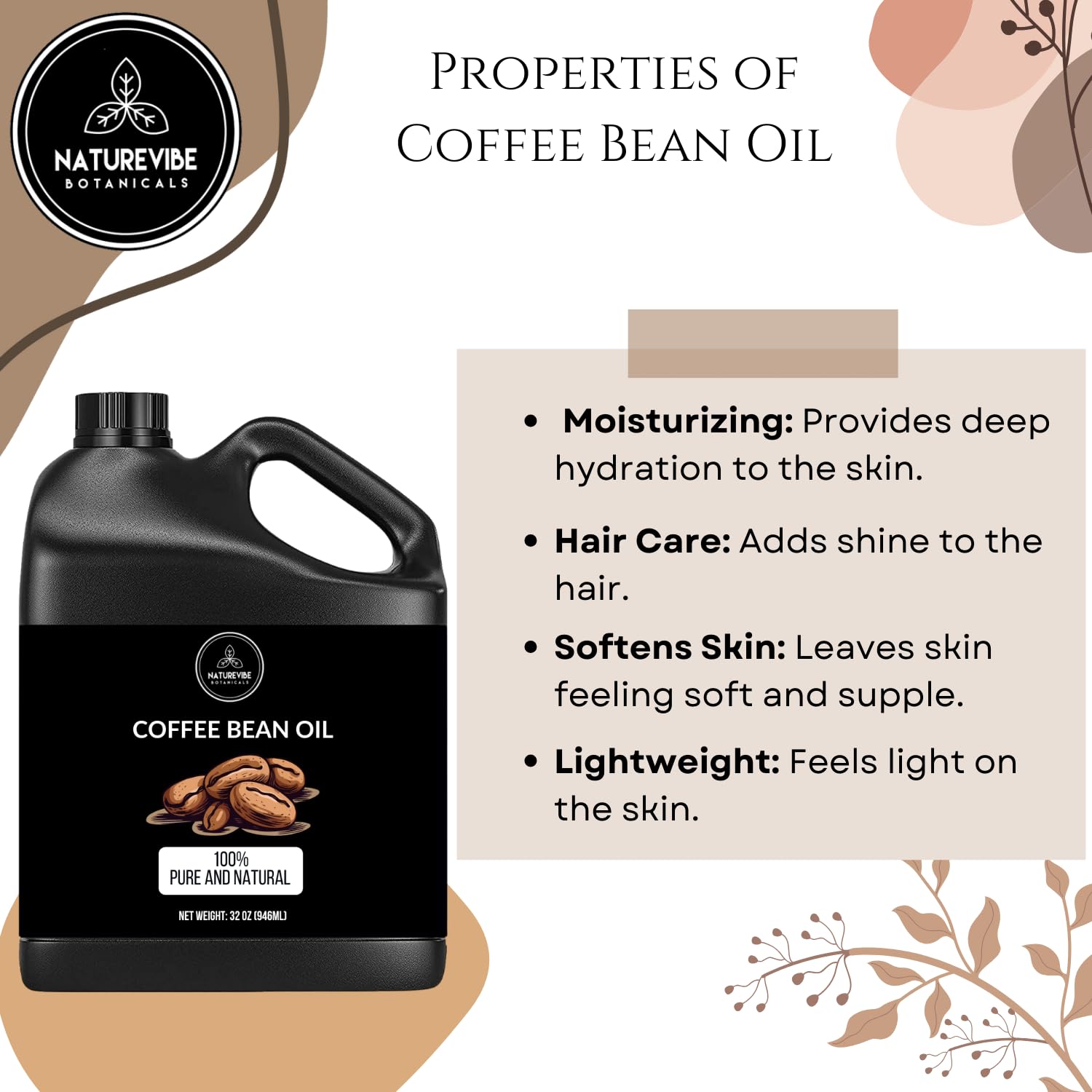 Naturevibe Botanicals Organic Coffee Bean Oil & Sweet Almond Oil Combo - 32oz Each | Cold Pressed, Unrefined Carrier Oils for Hair Growth, Skin Care & Massage Therapy