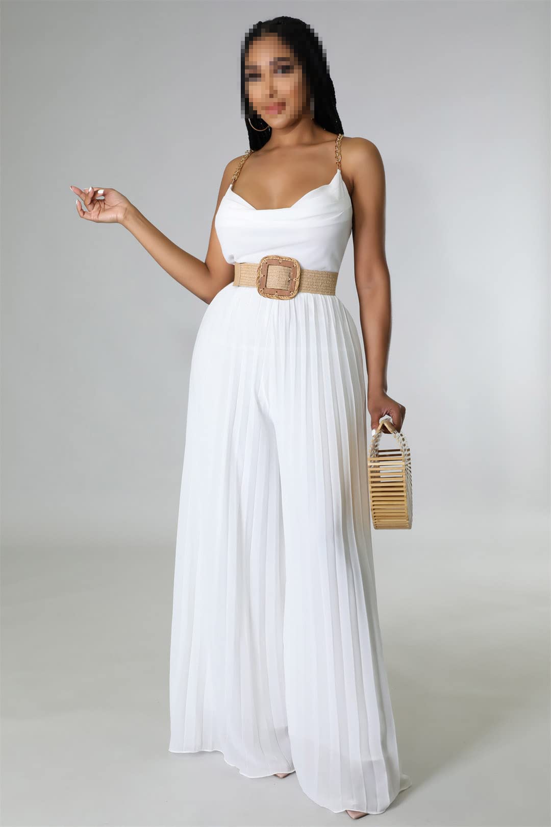 Sexy V Neck Spaghetti Strap Jumpsuit for Women - Elegant Pleated Wide Leg Long Romper with Sashes | Perfect for Casual Outings, Summer Vacations & Night Out Parties