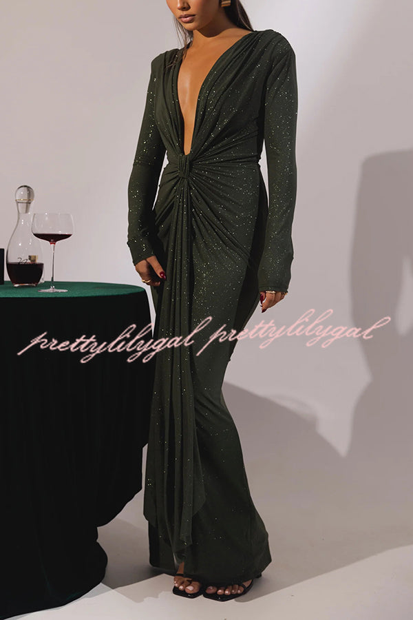 Elegant Solid Color Shiny V-Neck Long Sleeve Ribbon Slit Slim Fit Maxi Dress for Women - Perfect for Evening Parties, Date Nights & Special Occasions