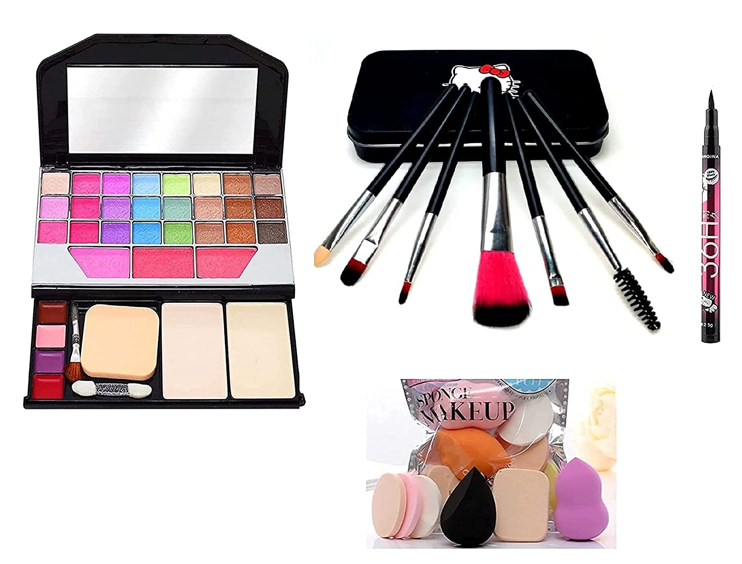 Professional Makeup Kit Set - 6155 Tya Makeup Palette with 7 Black Hello Kitty Brushes, 6-in-1 Blending Sponge & Waterproof Eyeliner | Complete Cosmetic Collection for Makeup Artists, Beginners & Beauty Enthusiasts | Perfect for Daily Use, Special Occasions & Professional Makeup Application