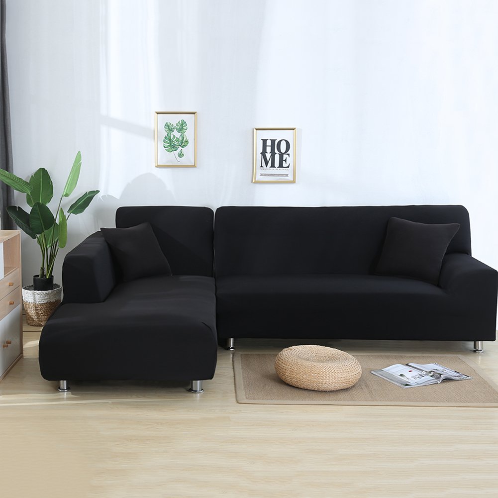Stretchable 3-Seat L-Shaped Sectional Sofa Cover - Soft Washable Furniture Protector for Corner Couches (Solid Black) | Perfect for Living Room, Family Room & Home Theater Seating Protection