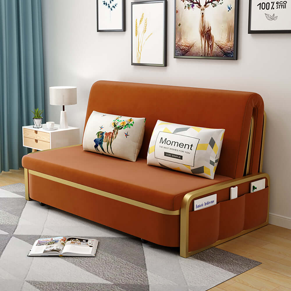 Modern Convertible Sofa Bed with Storage - Velvet Upholstery in Deep Gray & Gold - Perfect for Small Spaces, Guest Rooms & Apartments