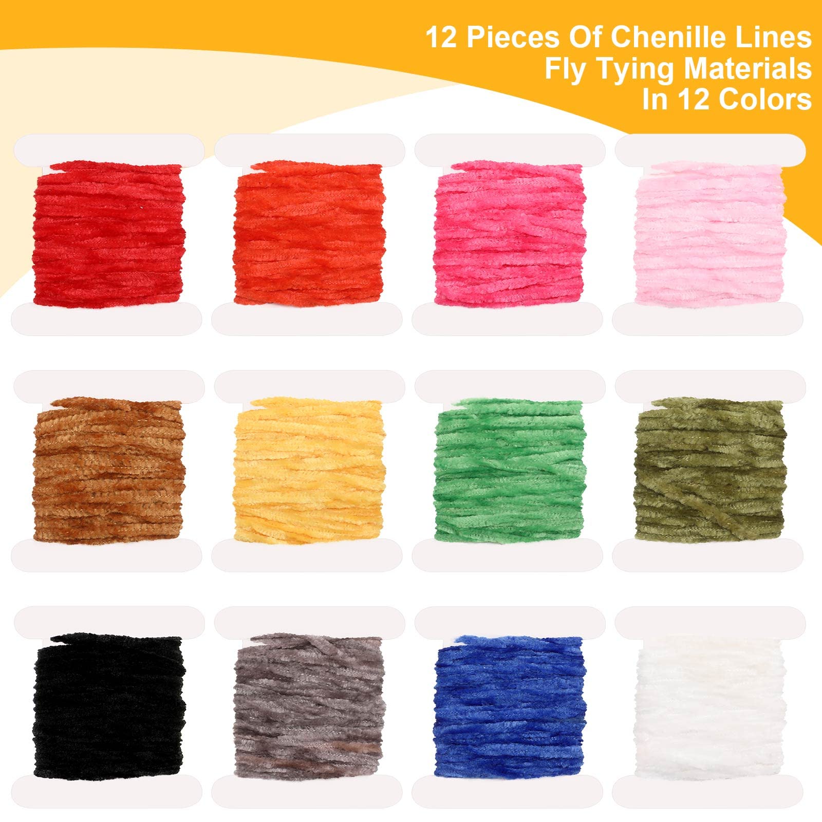 BBTO 12-Piece Fly Tying Chenille Kit - 65.64 Yards DIY Fly Tying Materials for Streamers, Wooly Buggers & Nymphs | Fishing Lure Making Supplies for Fly Tying, Flex Hackle & Craft Projects | Perfect for Fly Fishing Enthusiasts & Handmade Lure Creation