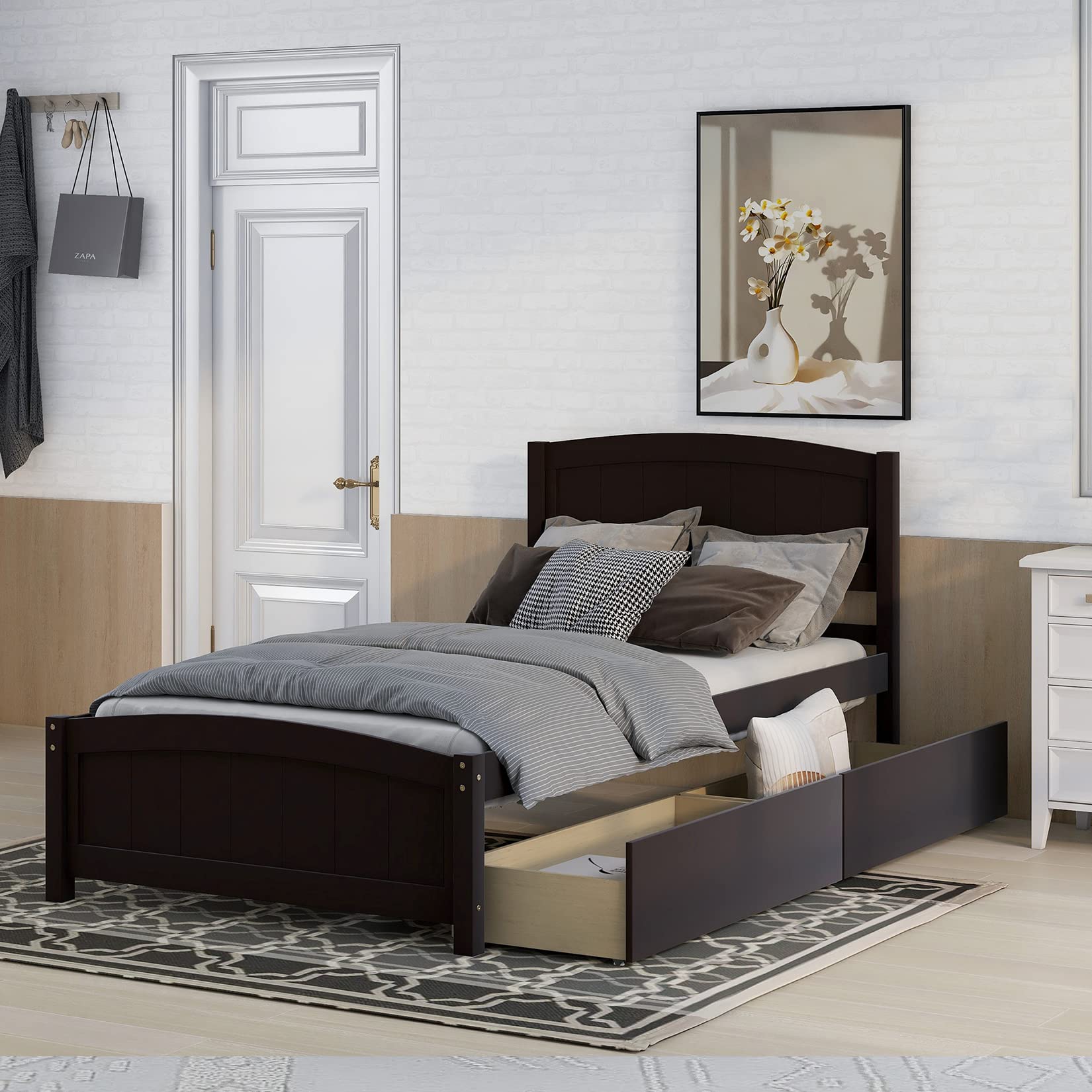 Harper & Bright Designs Twin Bed Frame - Solid Wood Platform Bed with 2 Storage Drawers, Headboard & Footboard, Wood Slat Support - Espresso Finish - Perfect for Kids Rooms, Guest Bedrooms & Small Spaces