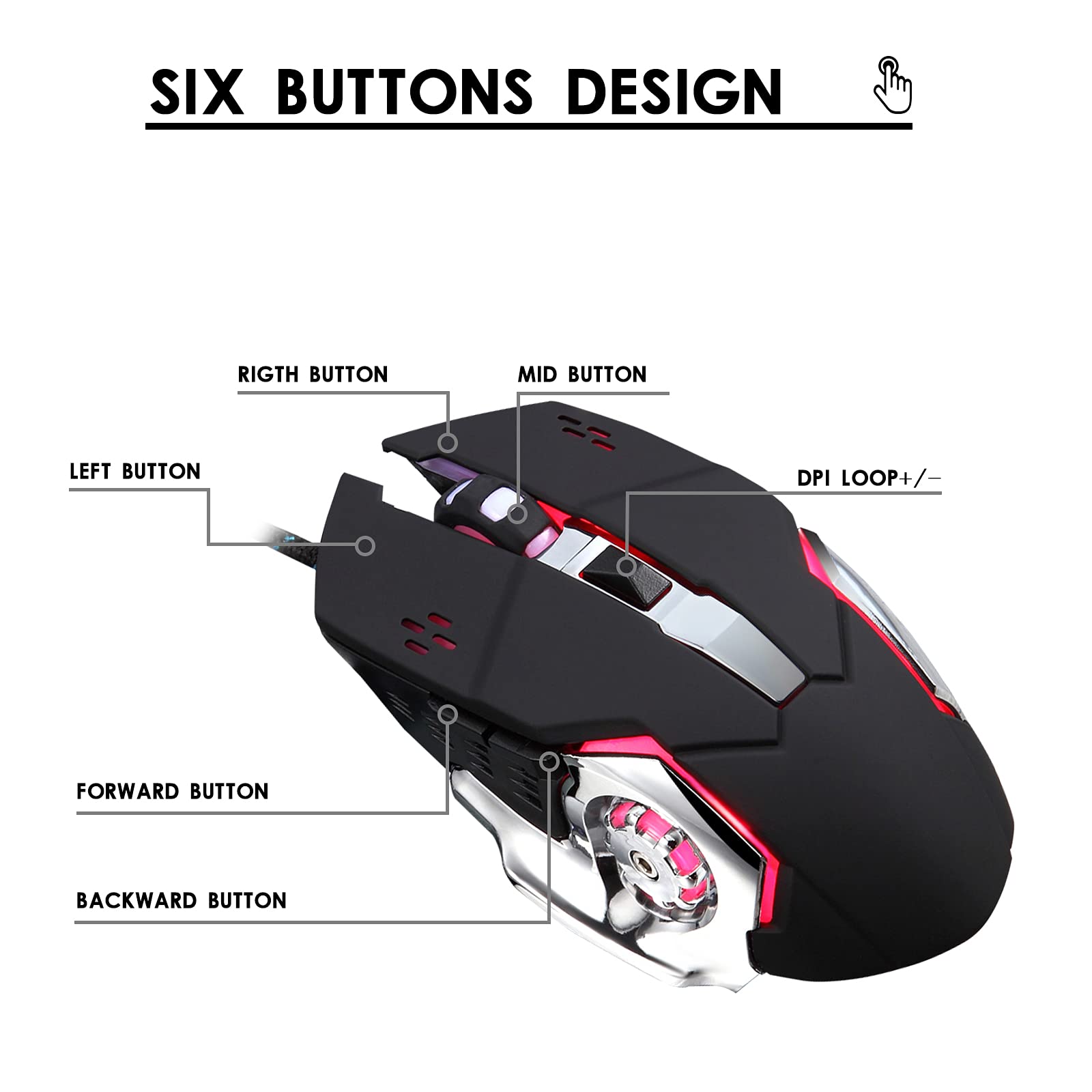 Basaltech Wired Gaming Mouse - 6 Programmable Buttons, 4 Adjustable DPI (800-3200), RGB Backlight with 4 Colors, Ergonomic Design for PC, Mac, Laptop - Perfect for FPS, MOBA & Professional Esports Gaming