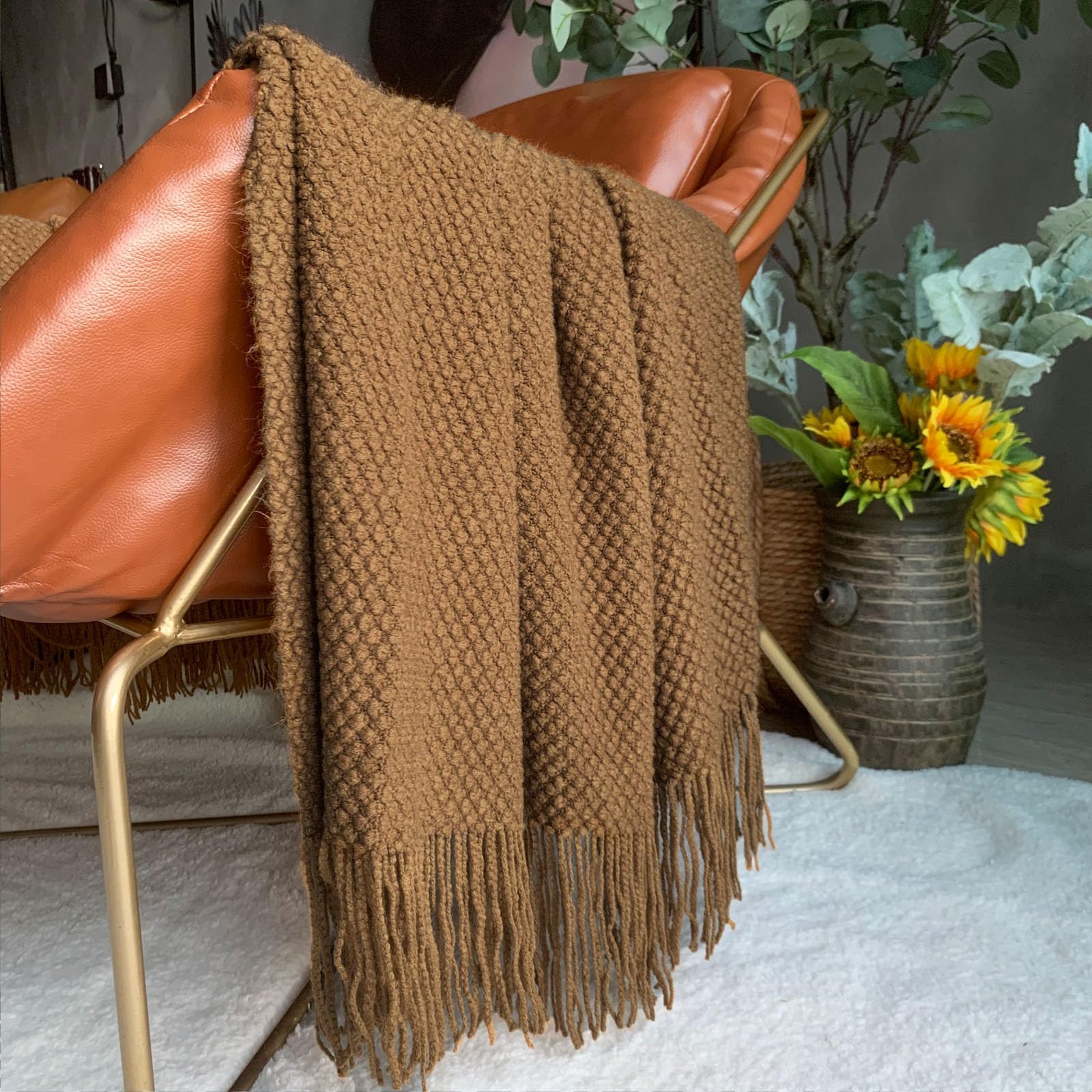 LOMAO Knitted Throw Blanket with Tassels - Soft Bubble Textured Lightweight Blanket for Sofa, Bed & Couch - Perfect for Home Decor, Living Room & Gift (Khaki, 60x80 Inches) - Cozy for Winter Nights, Movie Time & Relaxation