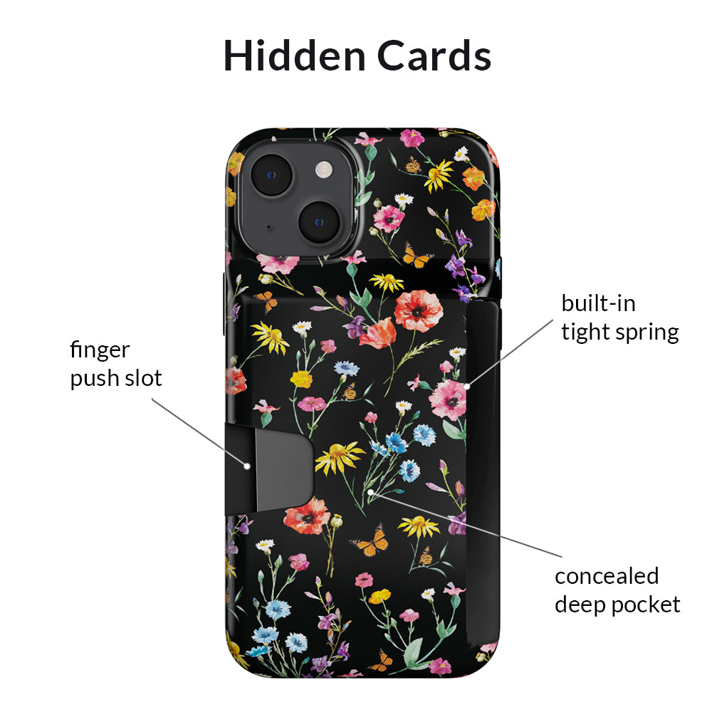 Premium Black Wildflower iPhone Wallet Case - Slim Protective Cover with Card Holder for iPhone 13/14/15 - Perfect for Everyday Use, Travel & Shopping