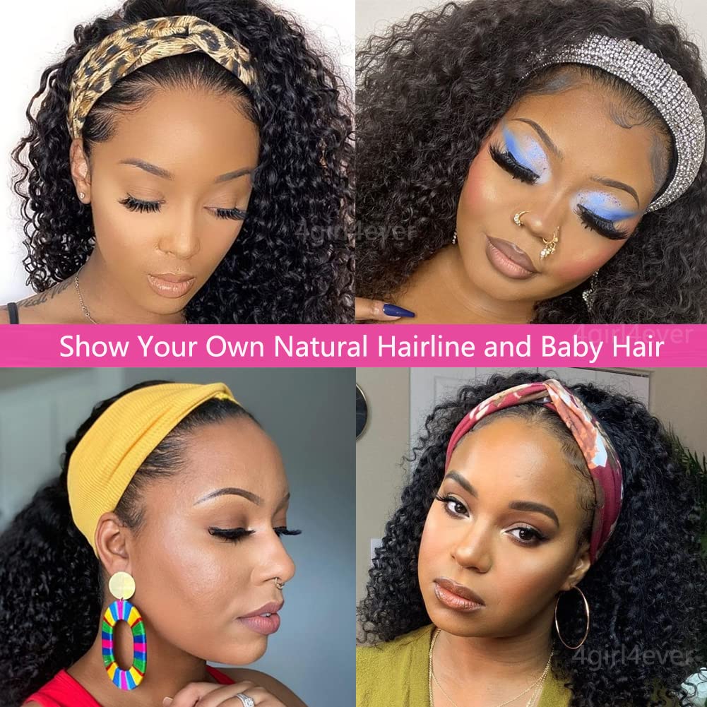10A 180% Density Kinky Curly Human Hair Headband Wigs for Black Women - Glueless No Lace Front Natural Color 24 Inch - Perfect for Daily Wear, Parties & Protective Styling